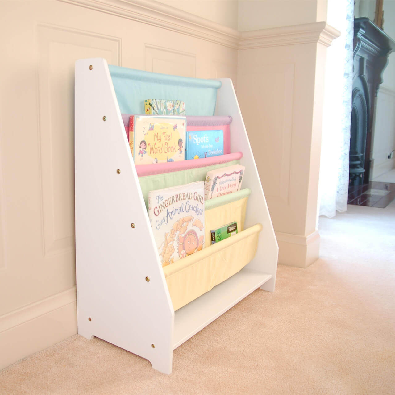 Charlie White Kids Wooden Canvas Sling Magazine Bookcase White Mdf