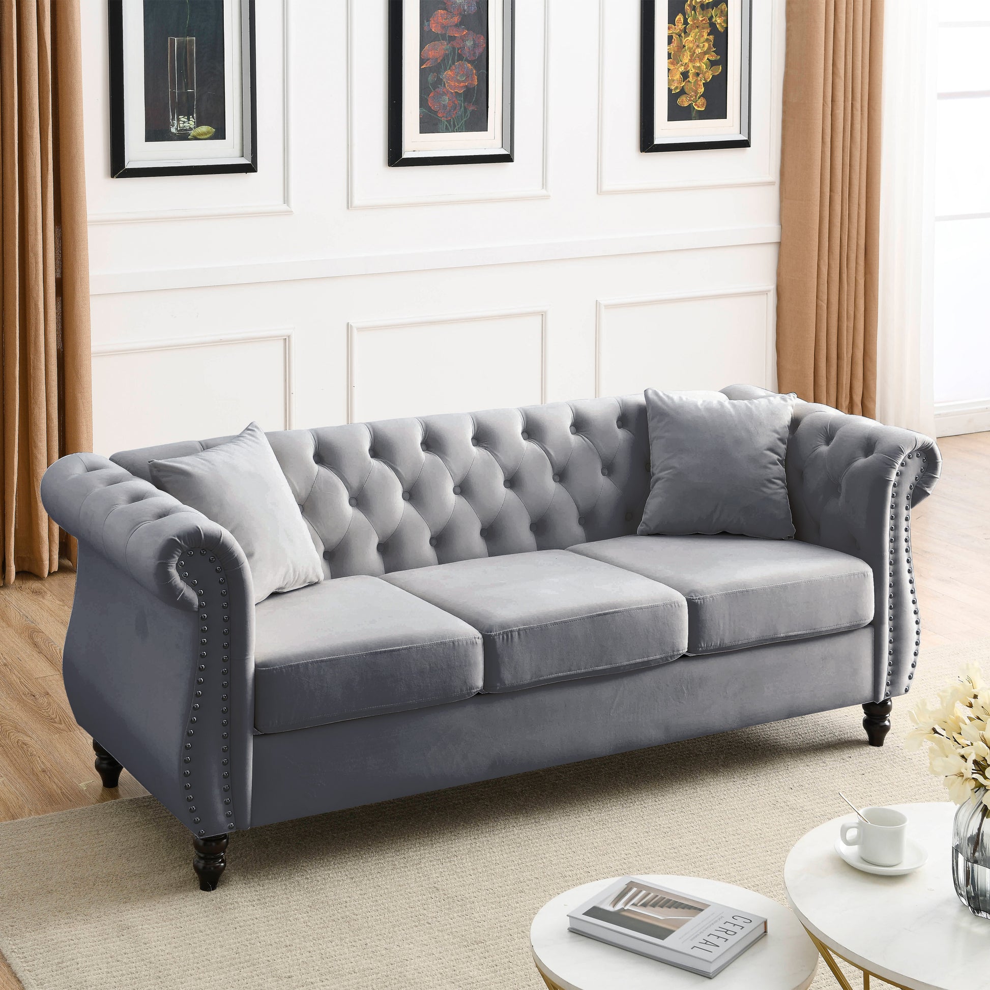 3 Seater 3 Seater Combination Sofa.Grey Velvet W834S00062 Grey Foam Velvet