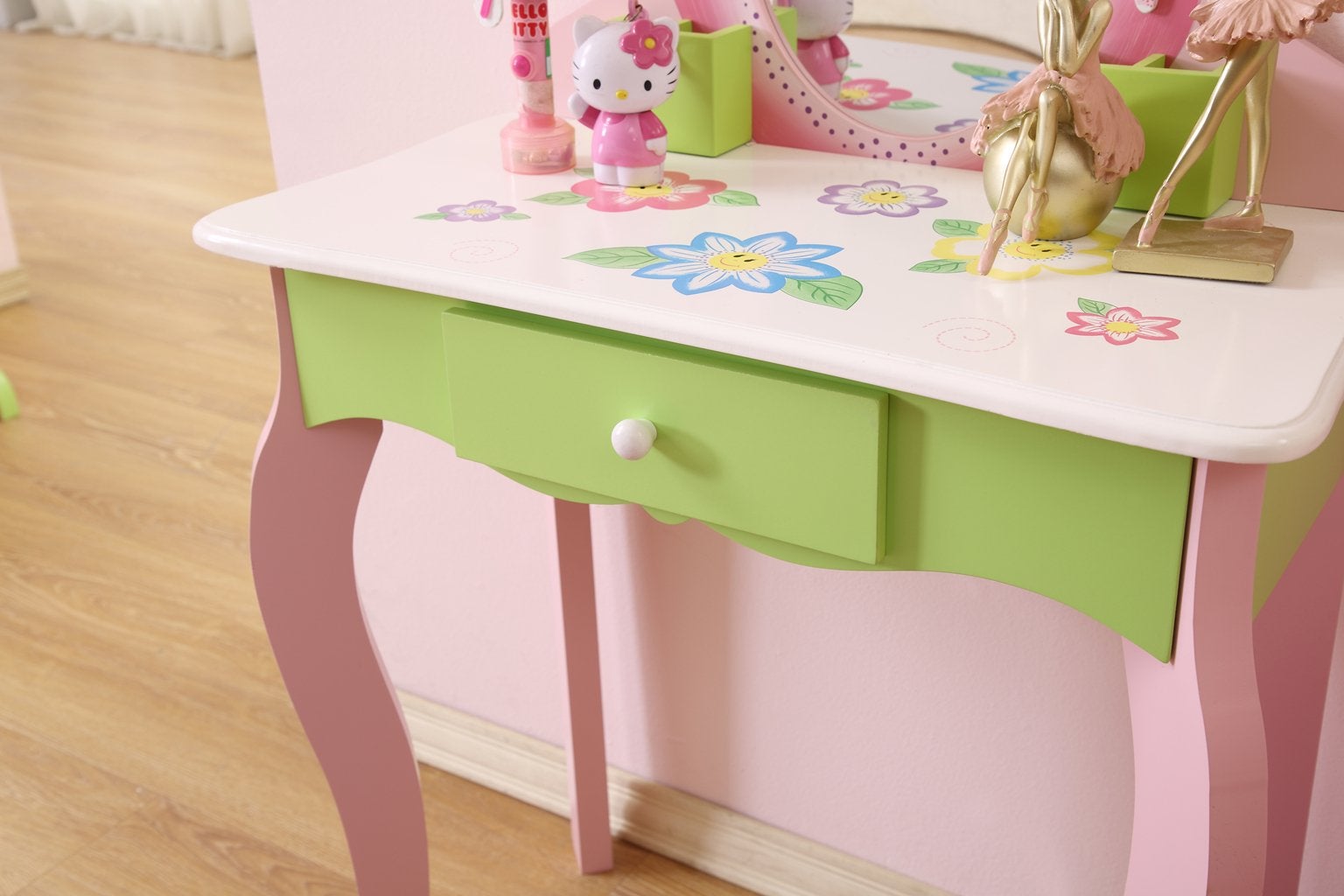 Layla Girls Flower Vanity Set With Stool Green Mdf