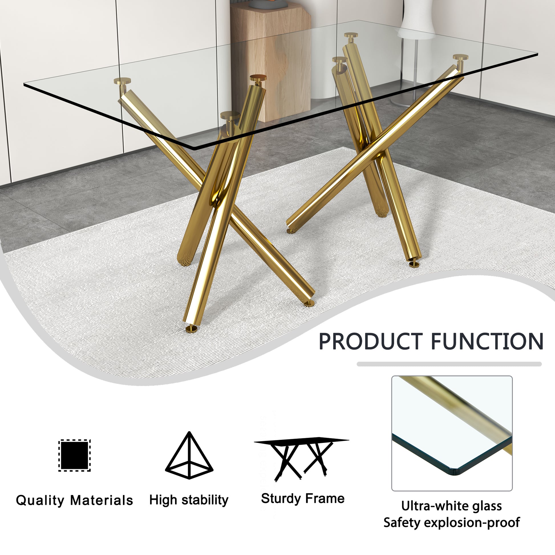 Large Modern Minimalist Rectangular Glass Dining Table For 6 8 With 0.39"Tempered Glass Tabletop And Golden Chrome Metal Legs,Kitchen Dining Living Meeting Room Banquet Hall, 71" W X 39" D X 30 1538 Golden Glass