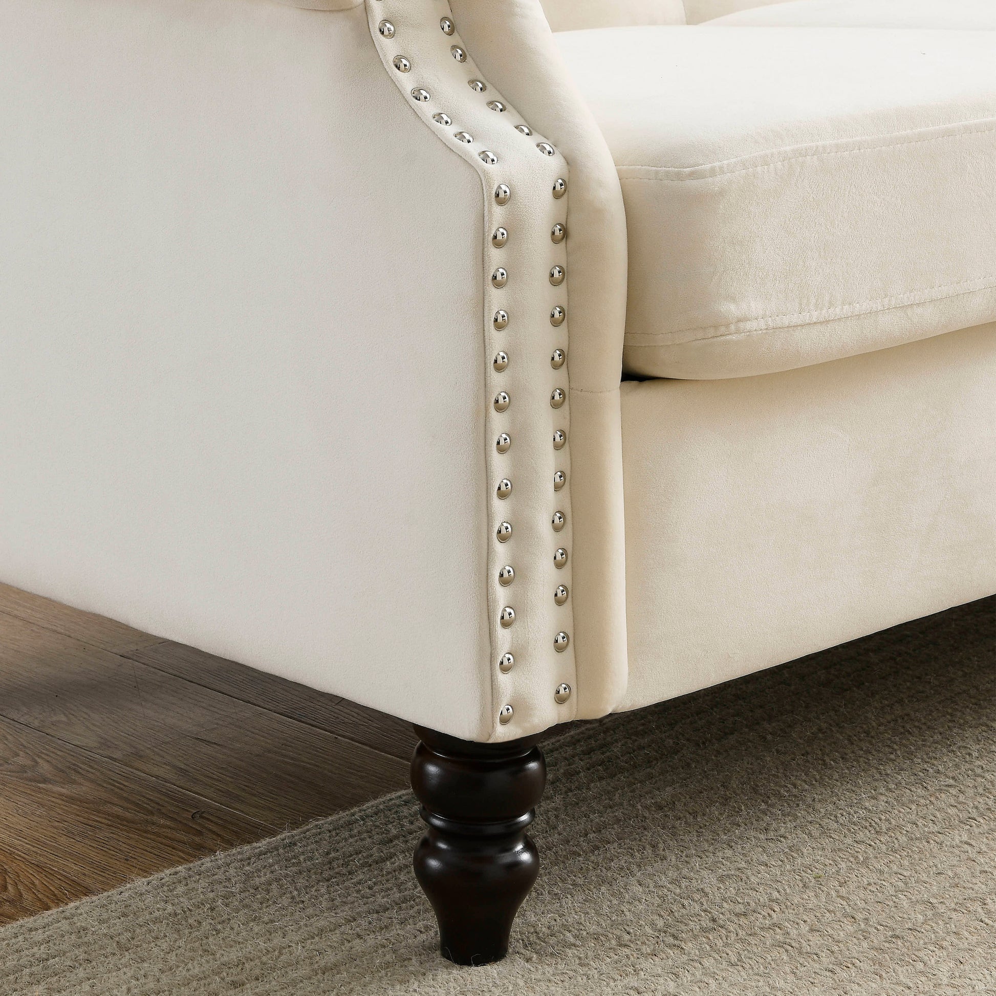 Video 79" Chesterfield Sofa Beige Velvet For Living Room, 3 Seater Sofa Tufted Couch With Rolled Arms And For Living Room, Bedroom, Office, Apartment, Two Pillows Beige Foam Velvet