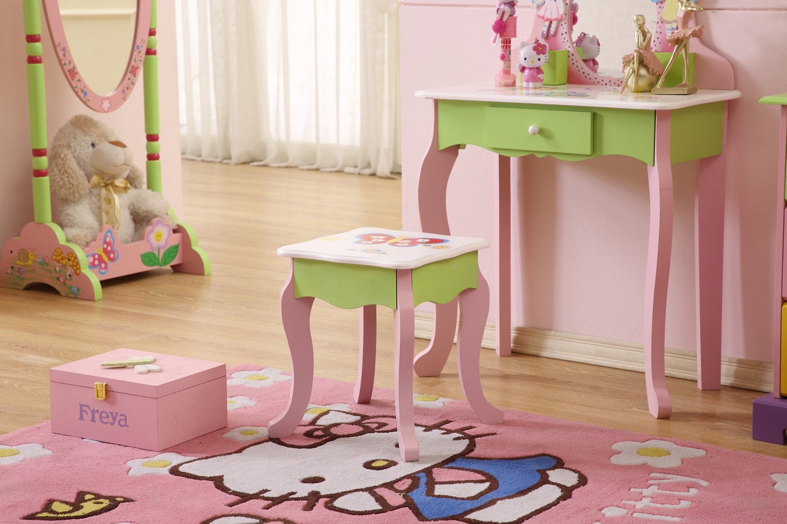 Layla Girls Flower Vanity Set With Stool Green Mdf