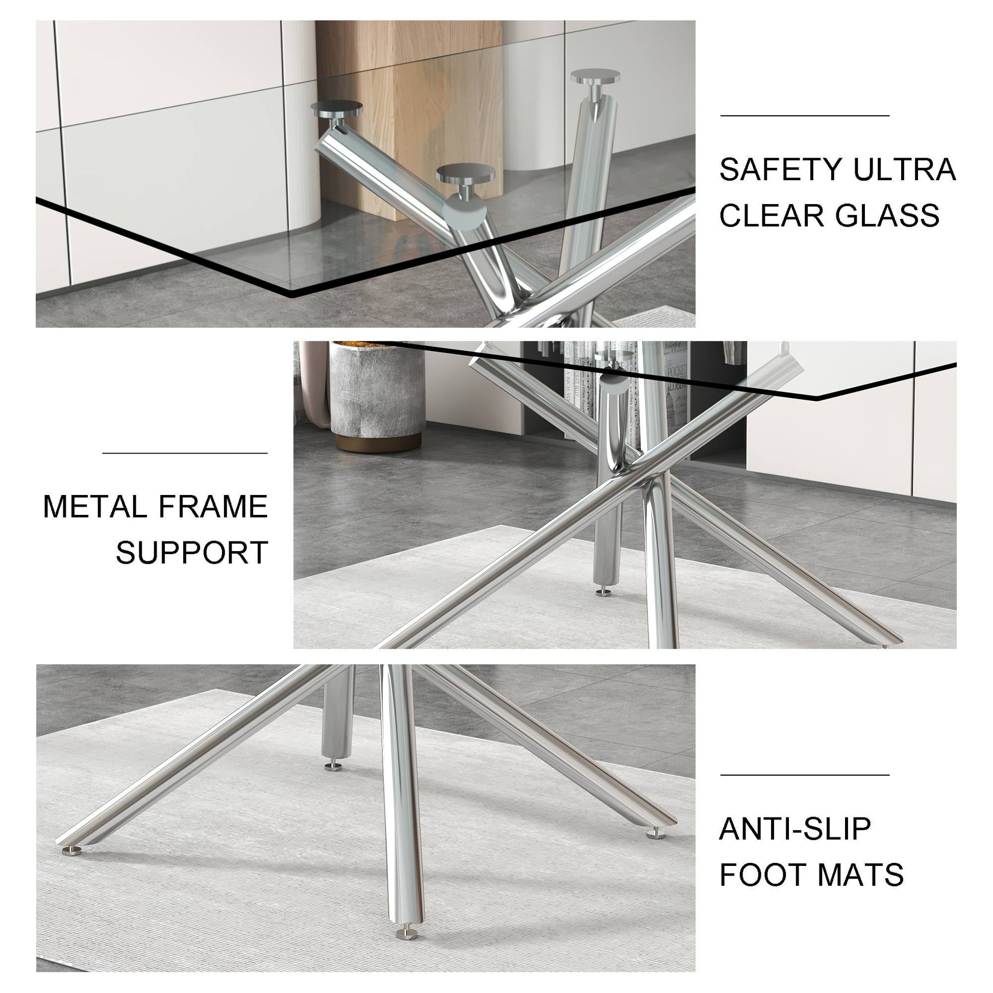 Large Modern Minimalist Rectangular Glass Dining Table For 6 8 With 0.39" Tempered Glass Tabletop And Silver Chrome Metal Legs, For Kitchen Dining Living Meeting Room Banquet Hall,63''X35''X 29''1537 Silver Glass