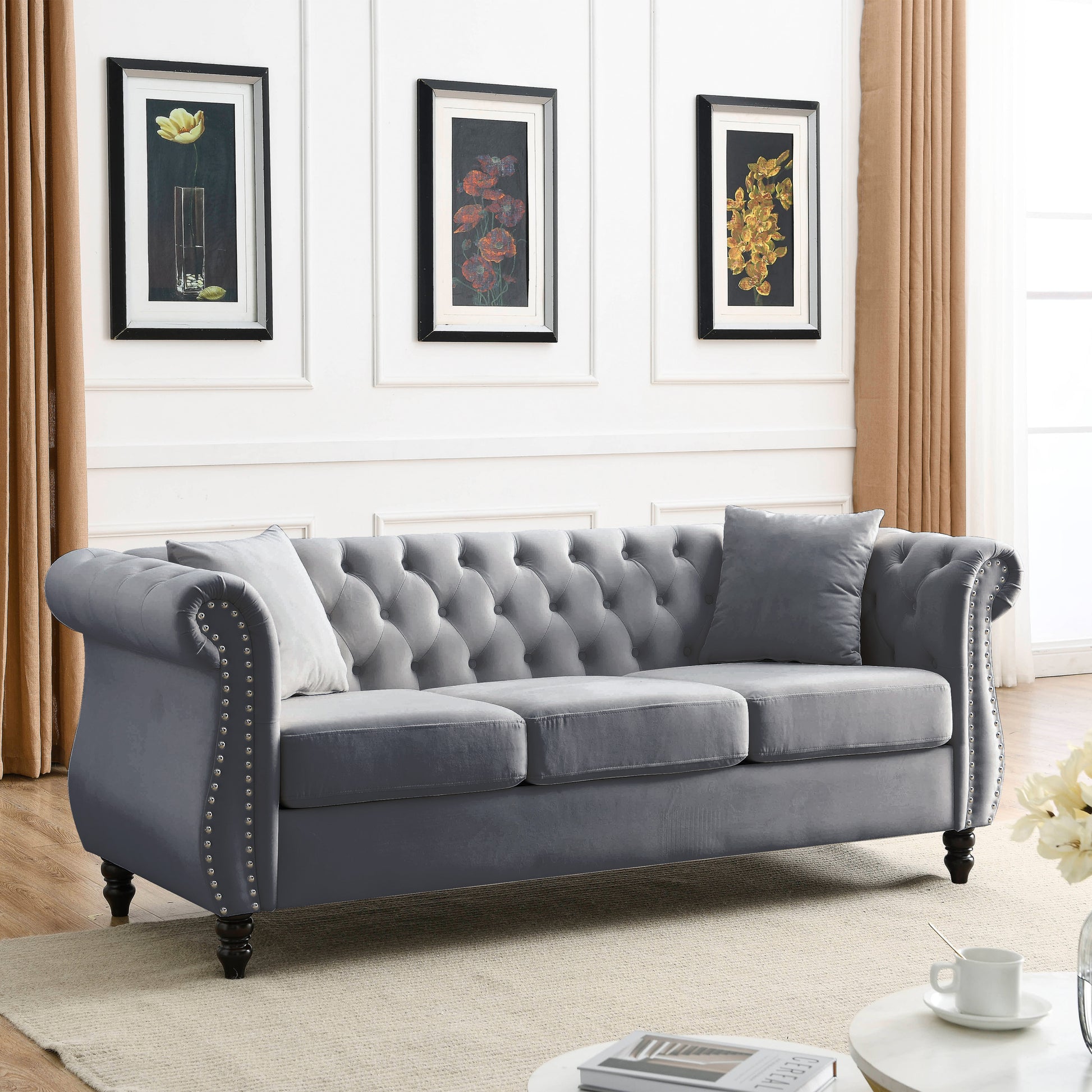 3 Seater 3 Seater Combination Sofa.Grey Velvet W834S00062 Grey Foam Velvet