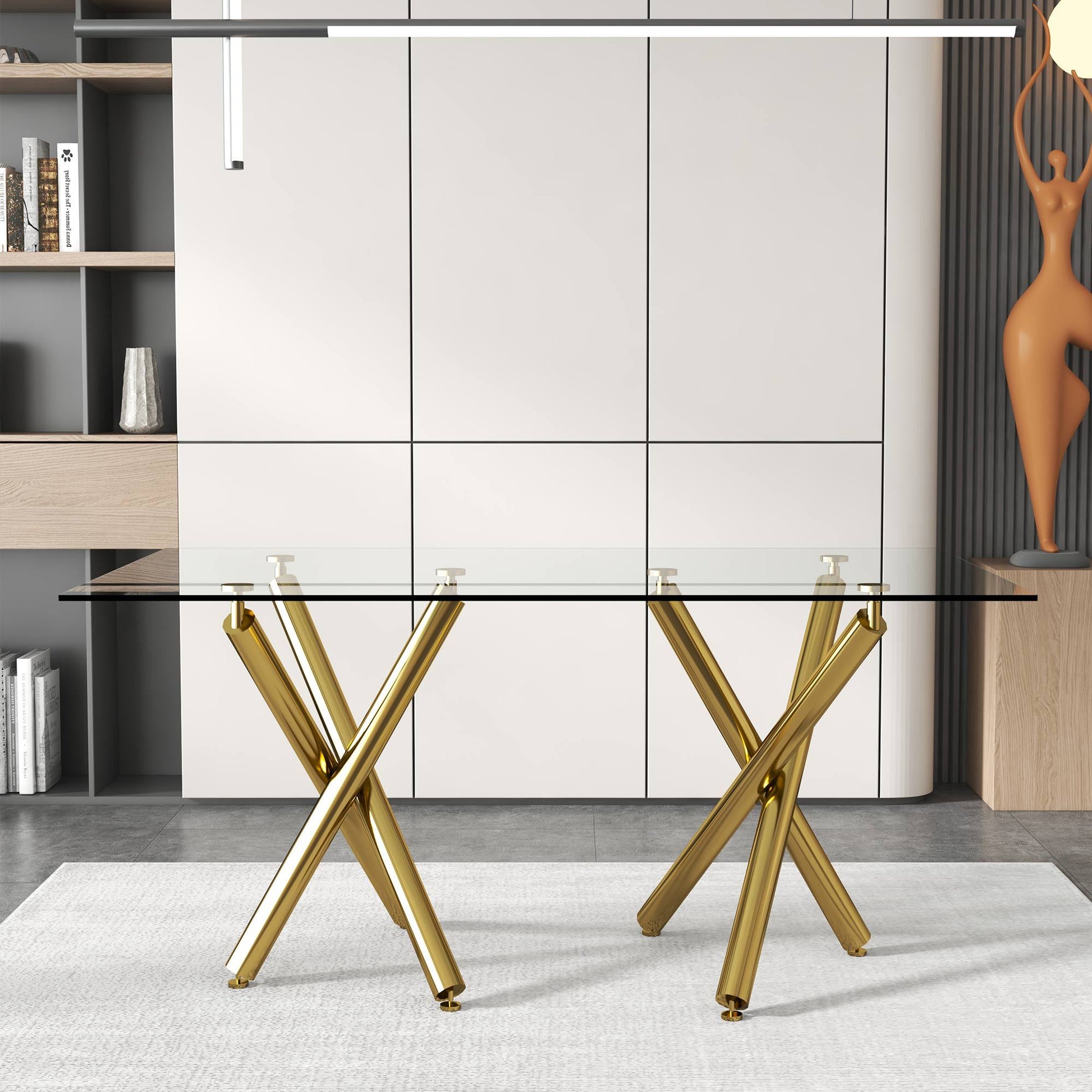 Large Modern Minimalist Rectangular Glass Dining Table For 6 8 With 0.39"Tempered Glass Tabletop And Golden Chrome Metal Legs,Kitchen Dining Living Meeting Room Banquet Hall, 71" W X 39" D X 30 1538 Golden Glass