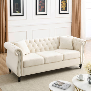 Video 80" Chesterfield Sofa Beige Velvet For Living Room, 3 Seater Sofa Tufted Couch With Rolled Arms And For Living Room, Bedroom, Office, Apartment, Two Pillowsw834S00008 Beige Foam Velvet