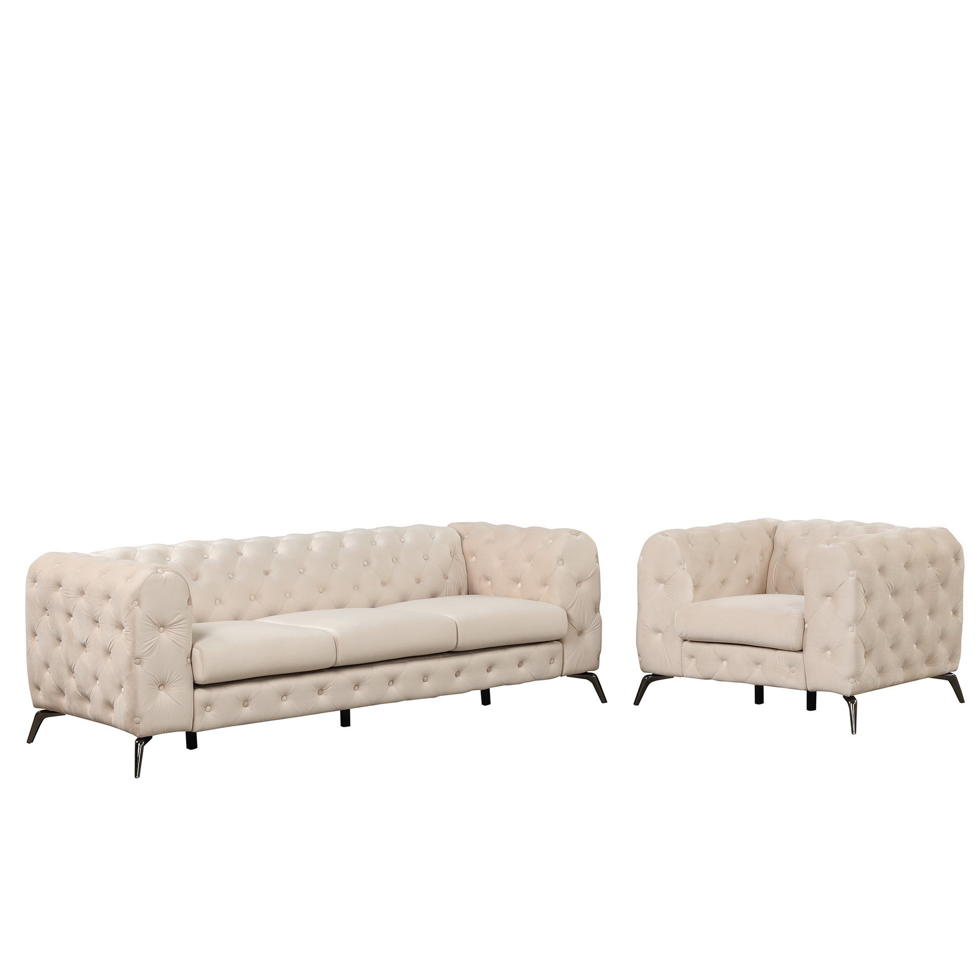 Modern 3 Piece Sofa Sets With Sturdy Metal Legs,Velvet Upholstered Couches Sets Including Three Seat Sofa, Loveseat And Single Chair For Living Room Furniture Set,Beige Beige Foam Velvet