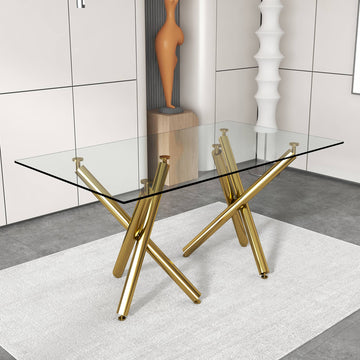 Large Modern Minimalist Rectangular Glass Dining Table For 6 8 With 0.39"Tempered Glass Tabletop And Golden Chrome Metal Legs,Kitchen Dining Living Meeting Room Banquet Hall, 71" W X 39" D X 30 1538 Golden Glass