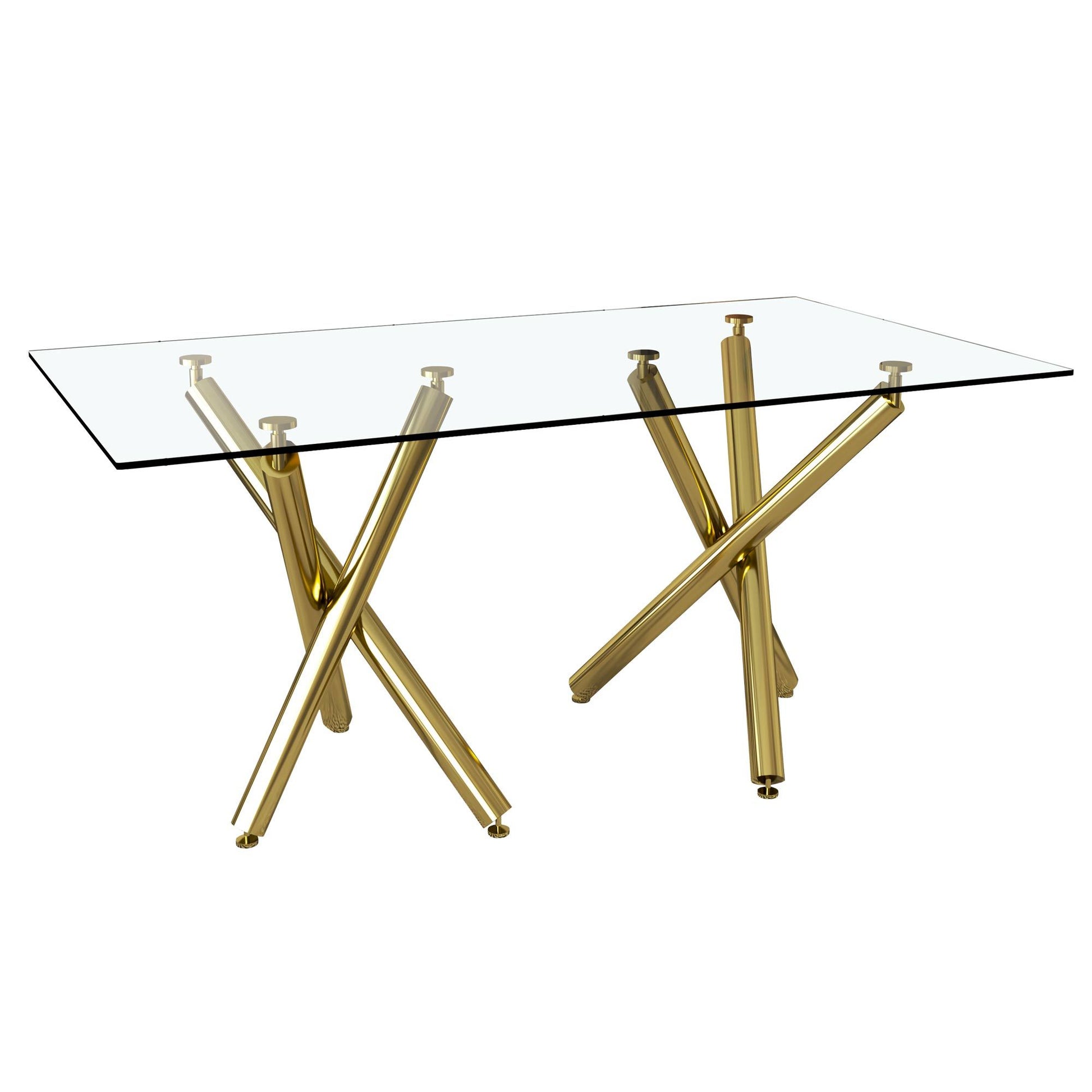 Large Modern Minimalist Rectangular Glass Dining Table For 6 8 With 0.39"Tempered Glass Tabletop And Golden Chrome Metal Legs,Kitchen Dining Living Meeting Room Banquet Hall, 71" W X 39" D X 30 1538 Golden Glass