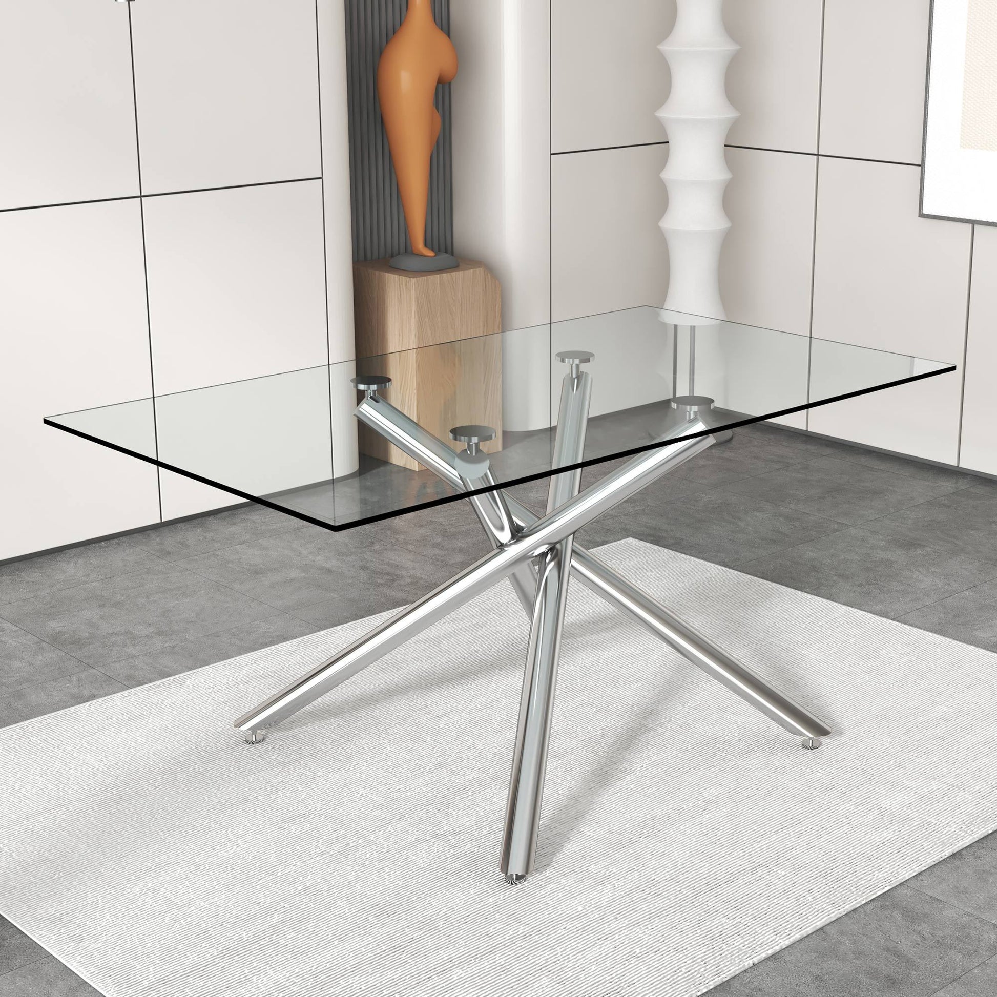 Large Modern Minimalist Rectangular Glass Dining Table For 6 8 With 0.39" Tempered Glass Tabletop And Silver Chrome Metal Legs, For Kitchen Dining Living Meeting Room Banquet Hall,63''X35''X 29''1537 Silver Glass