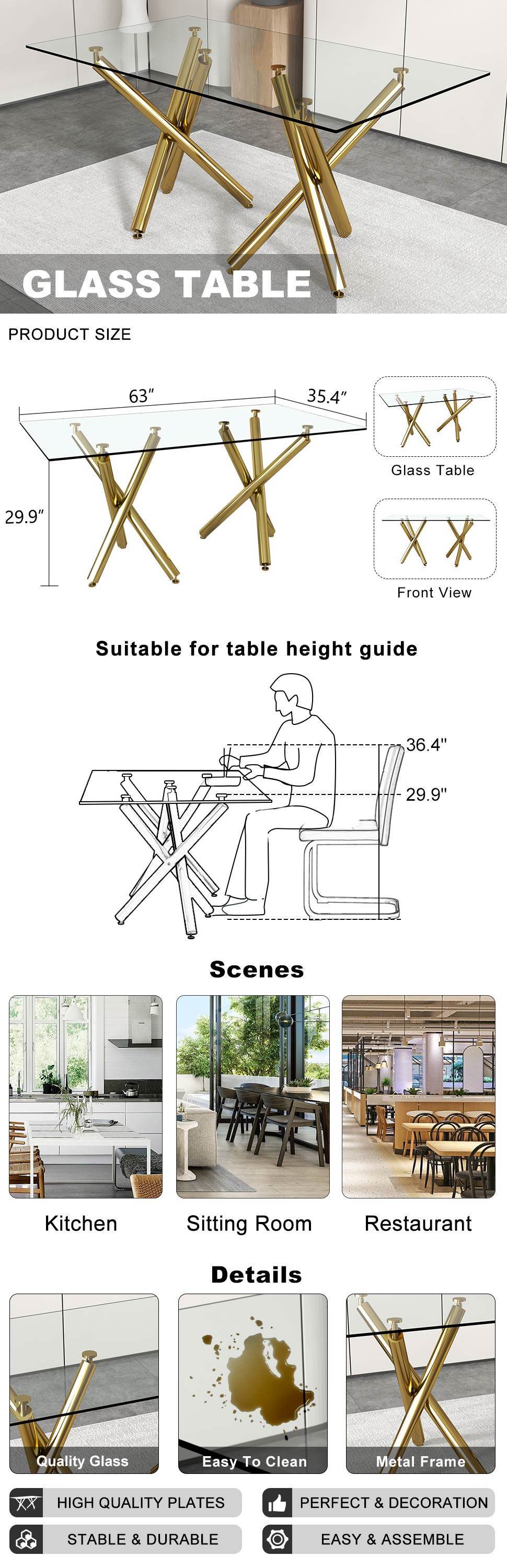 Large Modern Minimalist Rectangular Glass Dining Table For 6 8 With 0.39"Tempered Glass Tabletop And Golden Chrome Metal Legs,Kitchen Dining Living Meeting Room Banquet Hall, 71" W X 39" D X 30 1538 Golden Glass