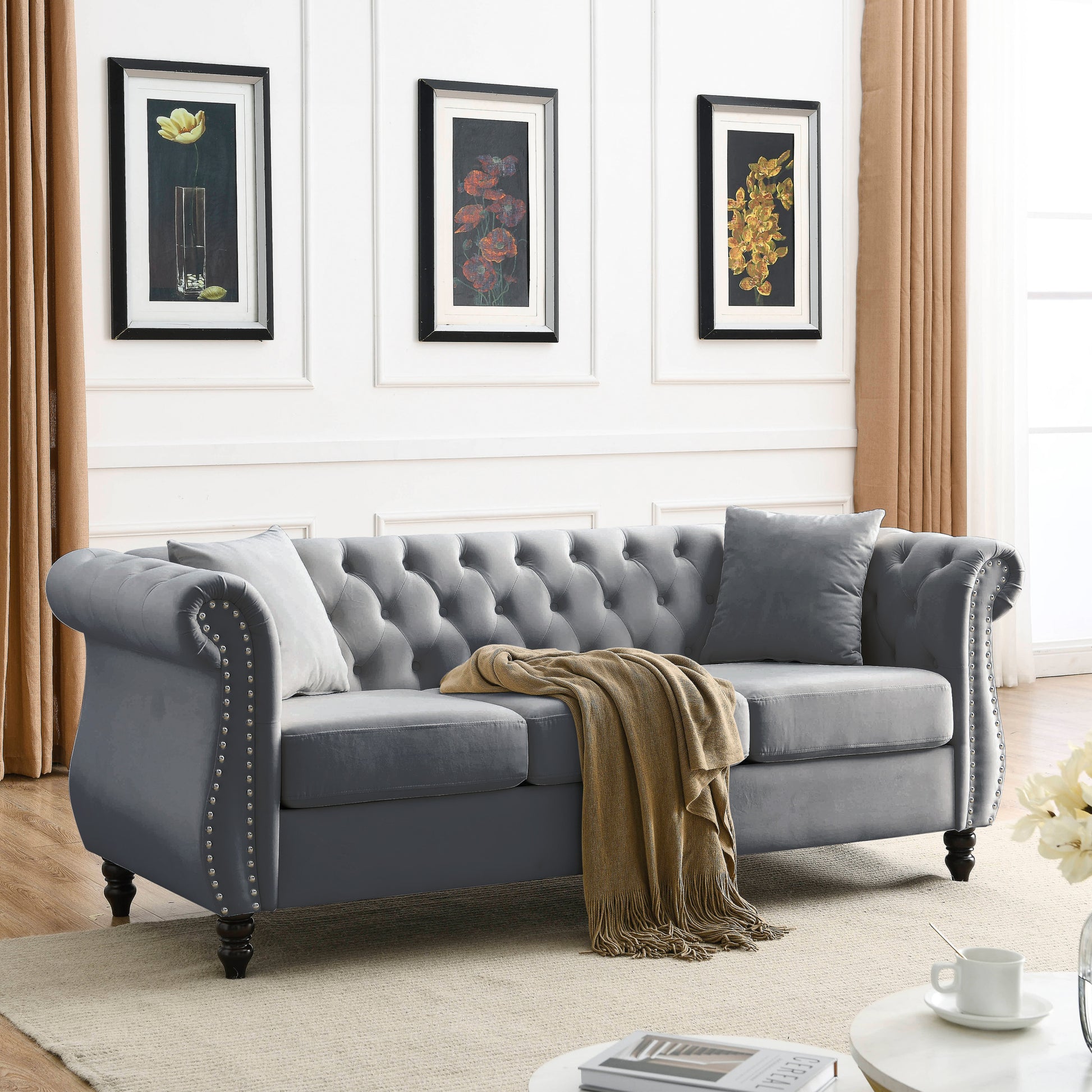 3 Seater 3 Seater Combination Sofa.Grey Velvet W834S00062 Grey Foam Velvet