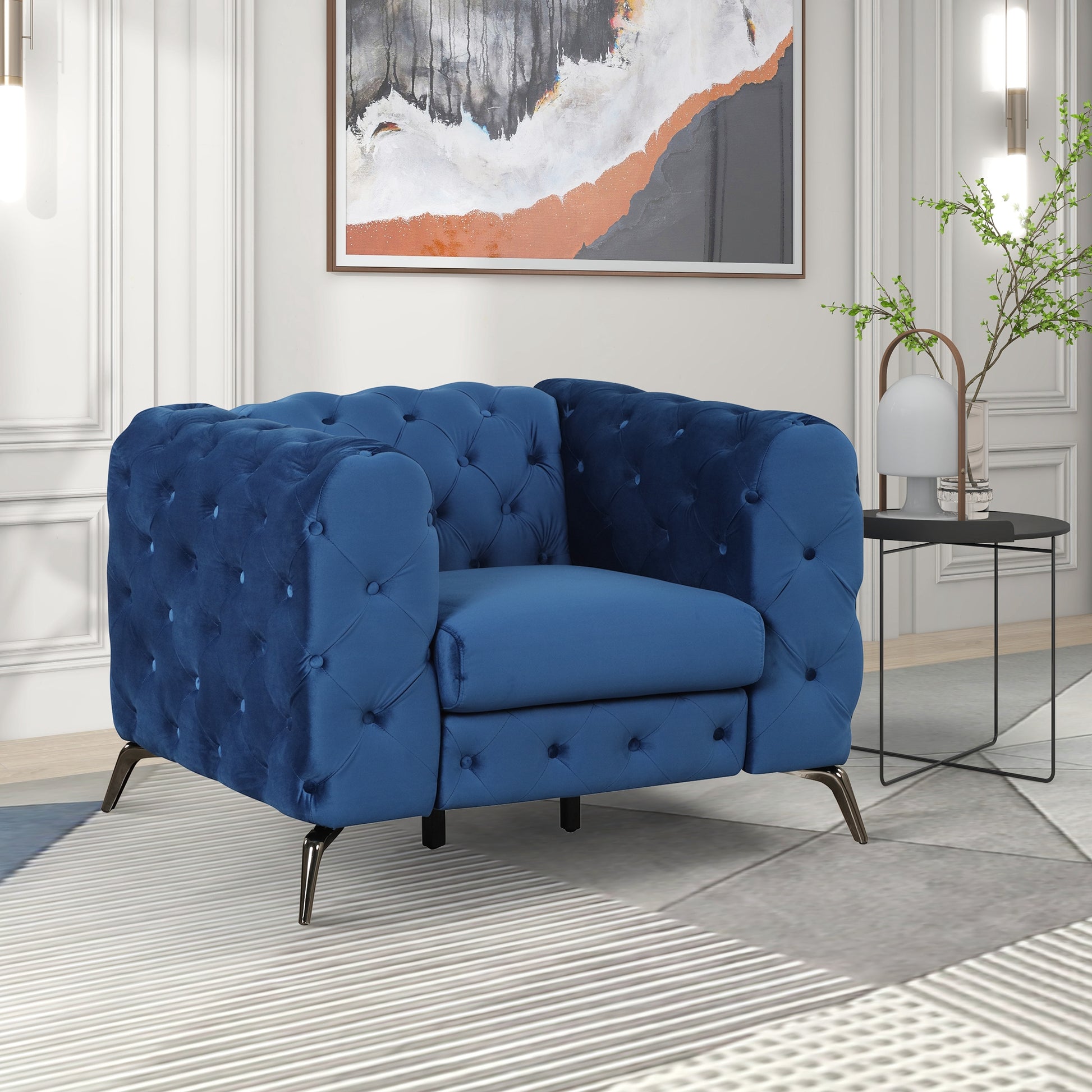 40.5" Velvet Upholstered Accent Sofa,Modern Single Sofa Chair With Button Tufted Back,Modern Single Couch For Living Room,Bedroom,Or Small Space,Blue Blue Foam Velvet