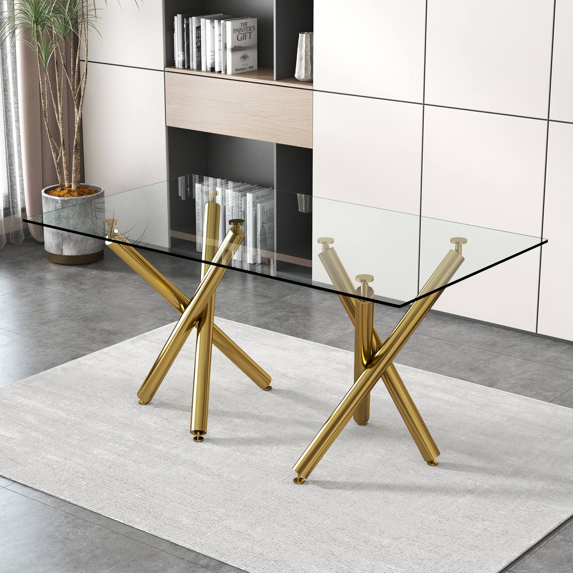 Large Modern Minimalist Rectangular Glass Dining Table For 6 8 With 0.39"Tempered Glass Tabletop And Golden Chrome Metal Legs,Kitchen Dining Living Meeting Room Banquet Hall, 71" W X 39" D X 30 1538 Golden Glass