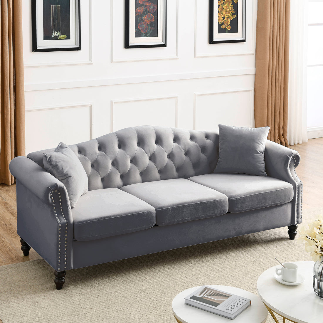 Video 79" Chesterfield Sofa Grey Velvet For Living Room, 3 Seater Sofa Tufted Couch With Rolled Arms And For Living Room, Bedroom, Office, Apartment, Two Pillowsw834S00012 Grey Foam Velvet