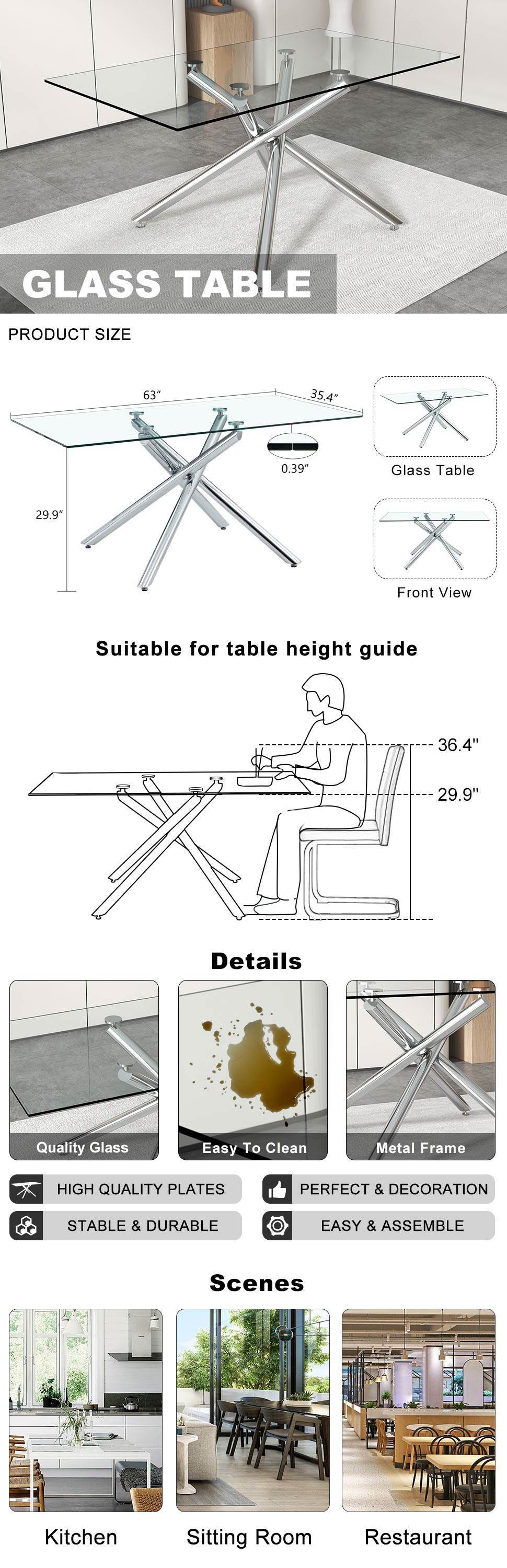 Large Modern Minimalist Rectangular Glass Dining Table For 6 8 With 0.39" Tempered Glass Tabletop And Silver Chrome Metal Legs, For Kitchen Dining Living Meeting Room Banquet Hall,63''X35''X 29''1537 Silver Glass