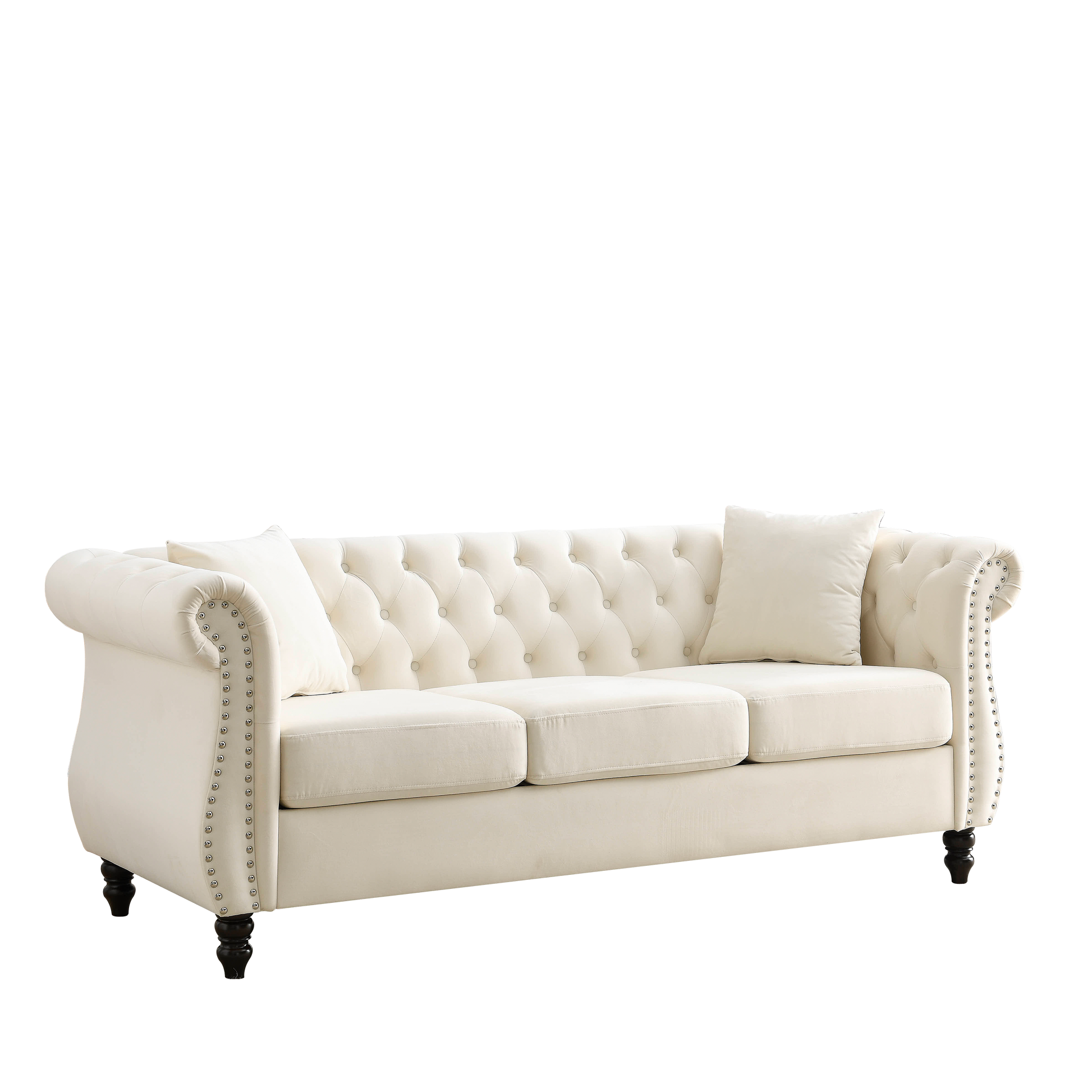 Video 80" Chesterfield Sofa Beige Velvet For Living Room, 3 Seater Sofa Tufted Couch With Rolled Arms And For Living Room, Bedroom, Office, Apartment, Two Pillowsw834S00008 Beige Foam Velvet
