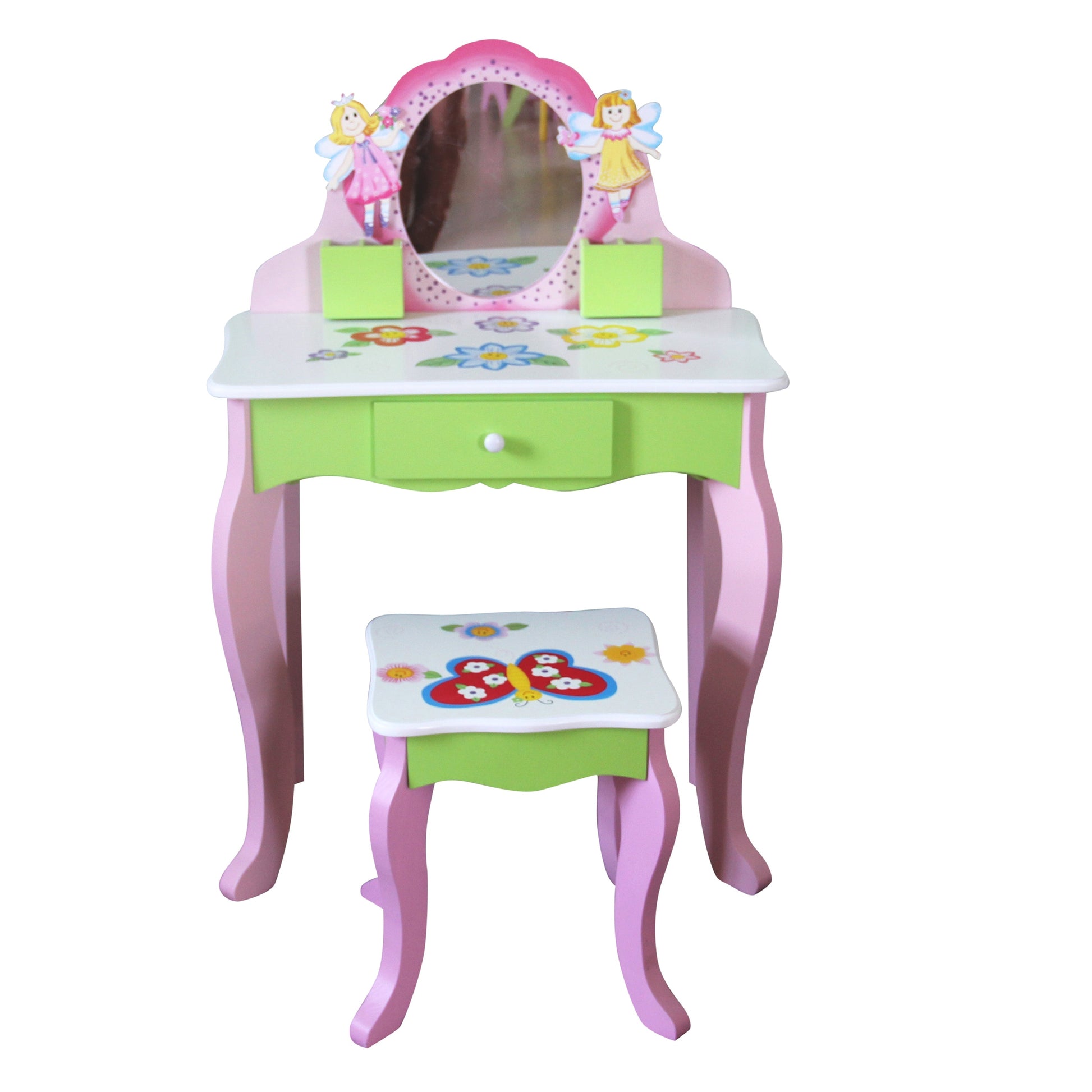 Layla Girls Flower Vanity Set With Stool Green Mdf