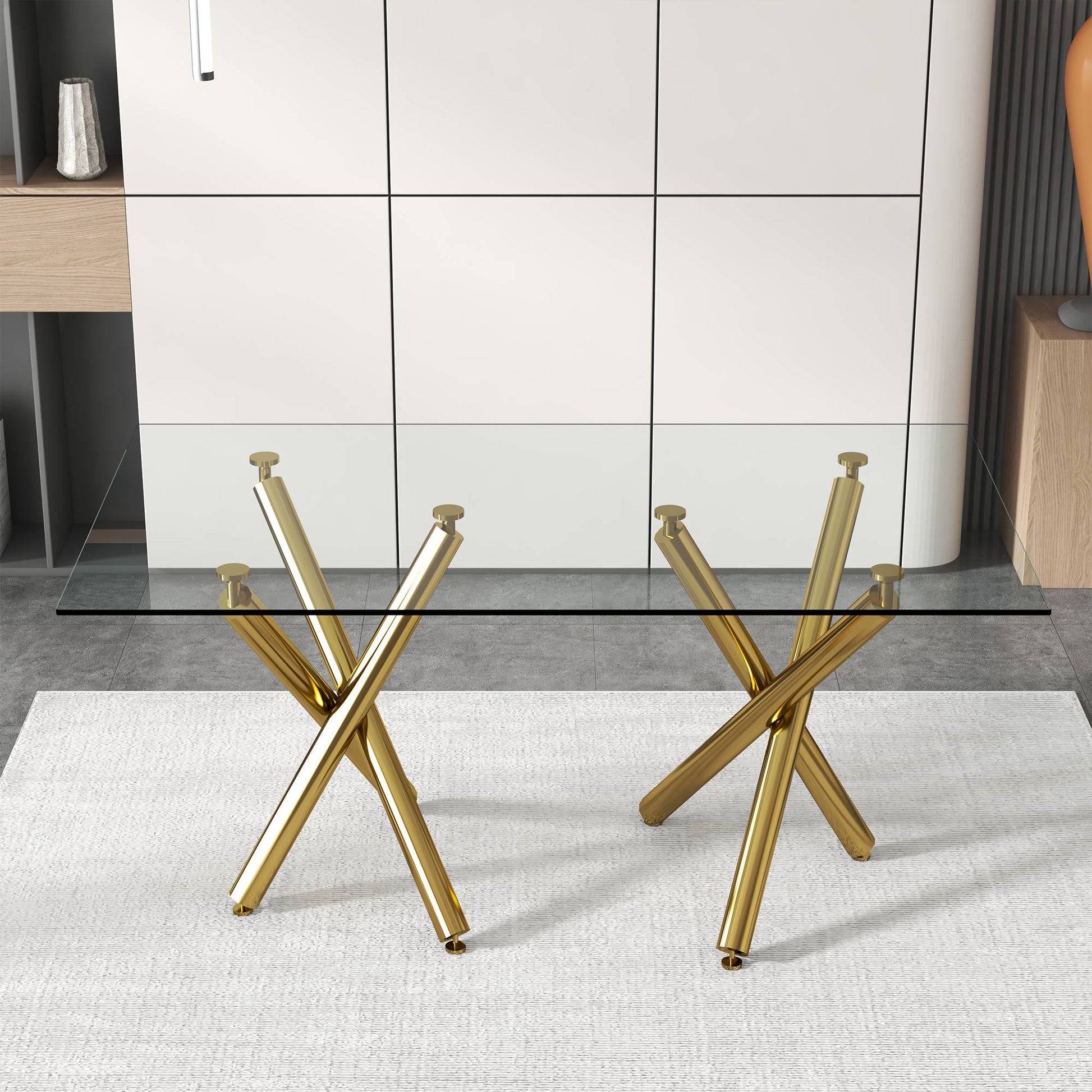 Large Modern Minimalist Rectangular Glass Dining Table For 6 8 With 0.39"Tempered Glass Tabletop And Golden Chrome Metal Legs,Kitchen Dining Living Meeting Room Banquet Hall, 71" W X 39" D X 30 1538 Golden Glass