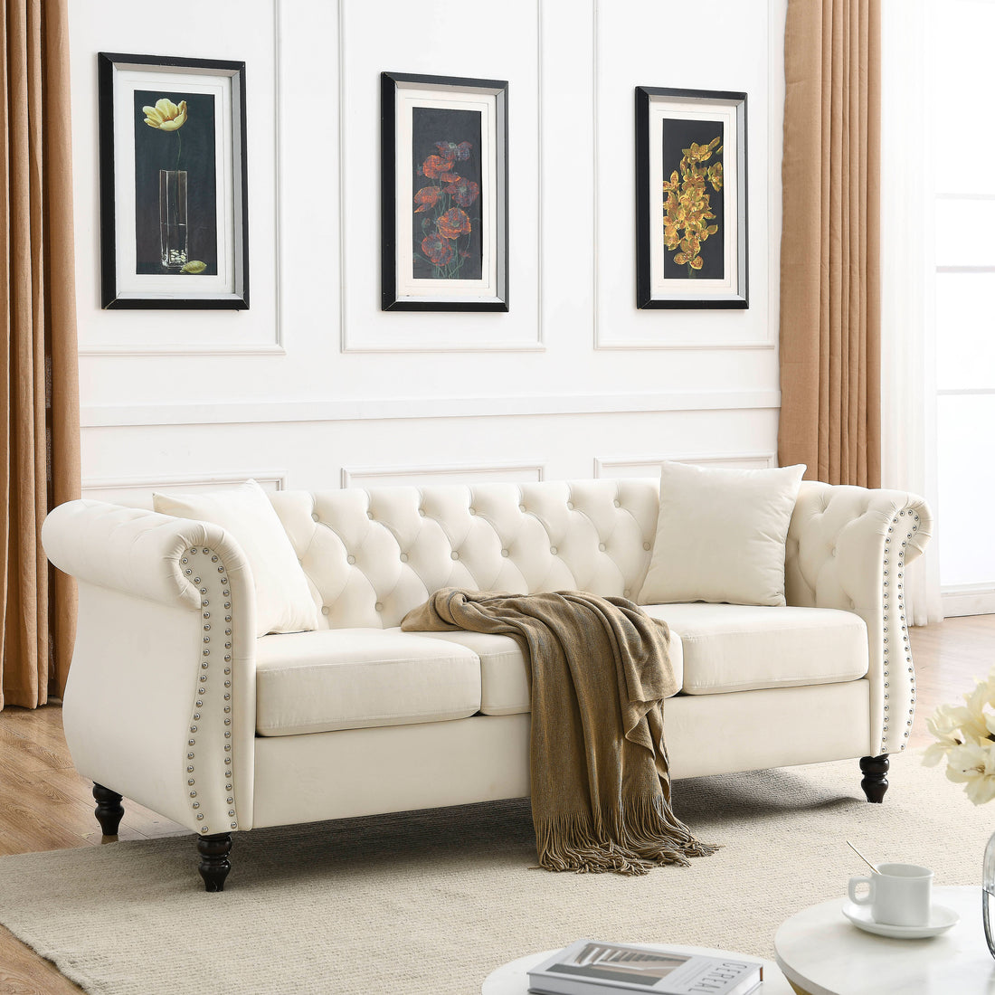 Video 80" Chesterfield Sofa Beige Velvet For Living Room, 3 Seater Sofa Tufted Couch With Rolled Arms And For Living Room, Bedroom, Office, Apartment, Two Pillowsw834S00008 Beige Foam Velvet