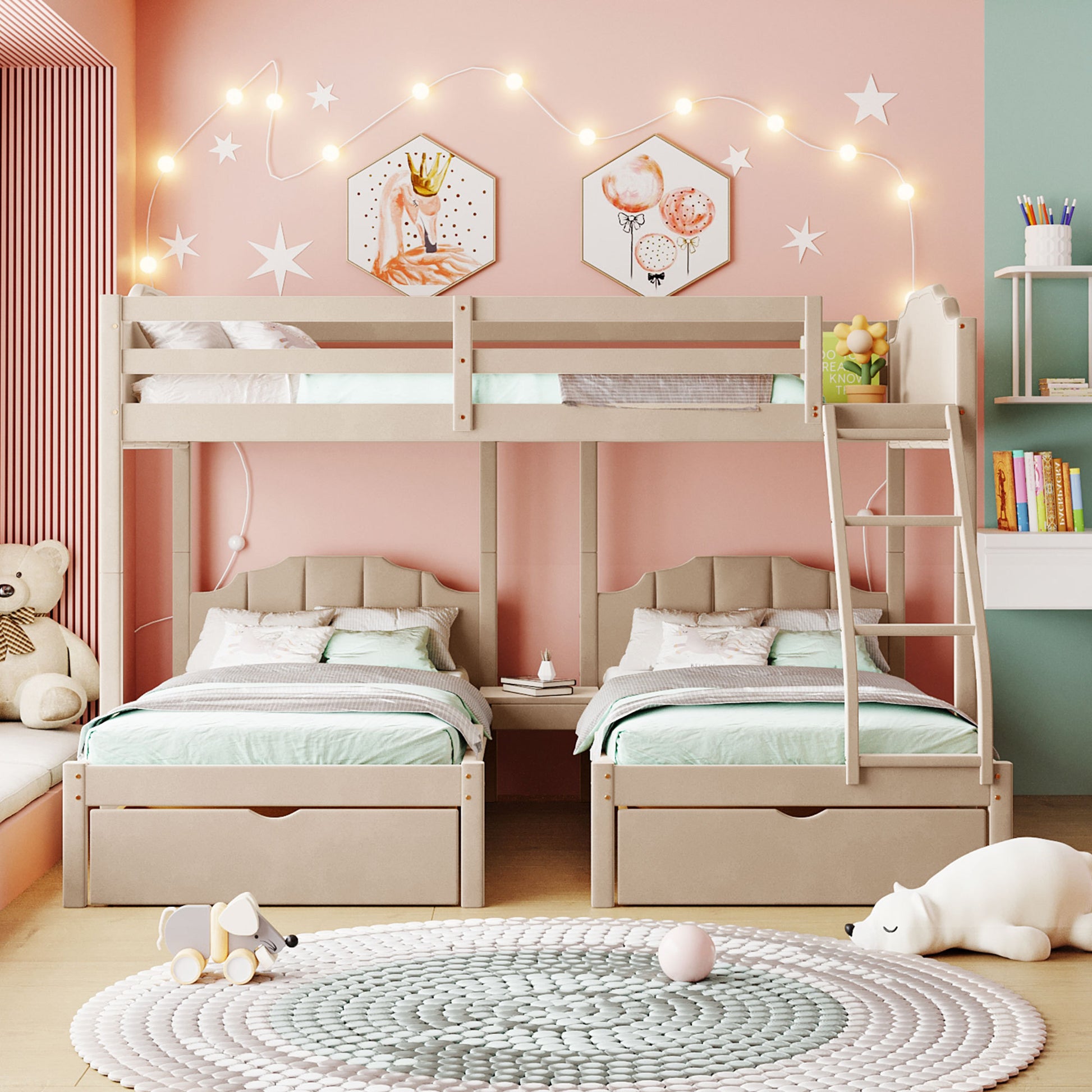 Full Over Twin & Twin Bunk Bed, Velvet Triple Bunk Bed With Drawers An