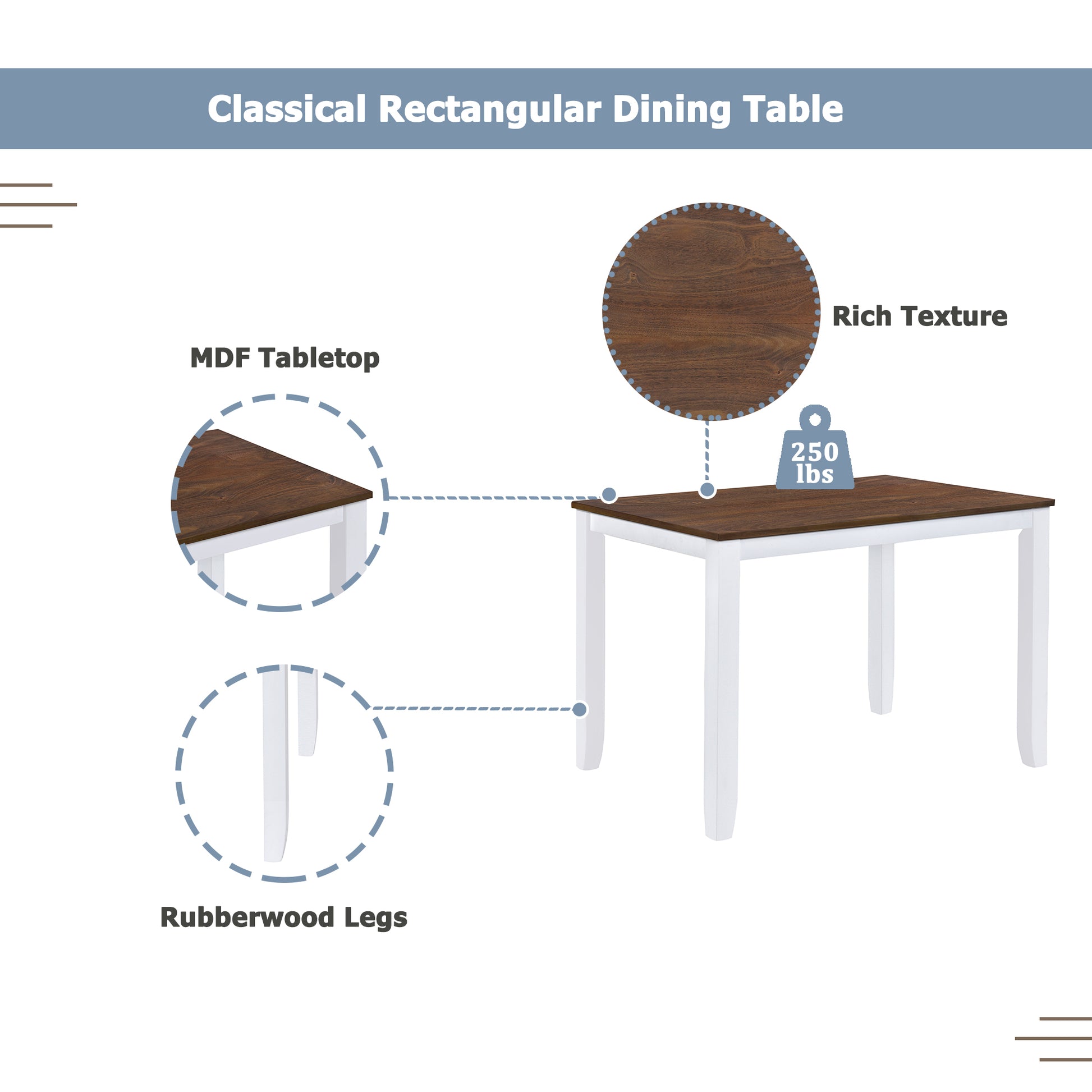 Rustic Minimalist Wood 5 Piece Dining Table Set With 4 X Back Chairs For Small Places, White White Wood Dining Room Solid Wood Rubberwood Rectangular Dining Table With Chair Upholstered Chair Wood White Slat Back Seats 4 Rustic 4 Leg Foam Solid Wood