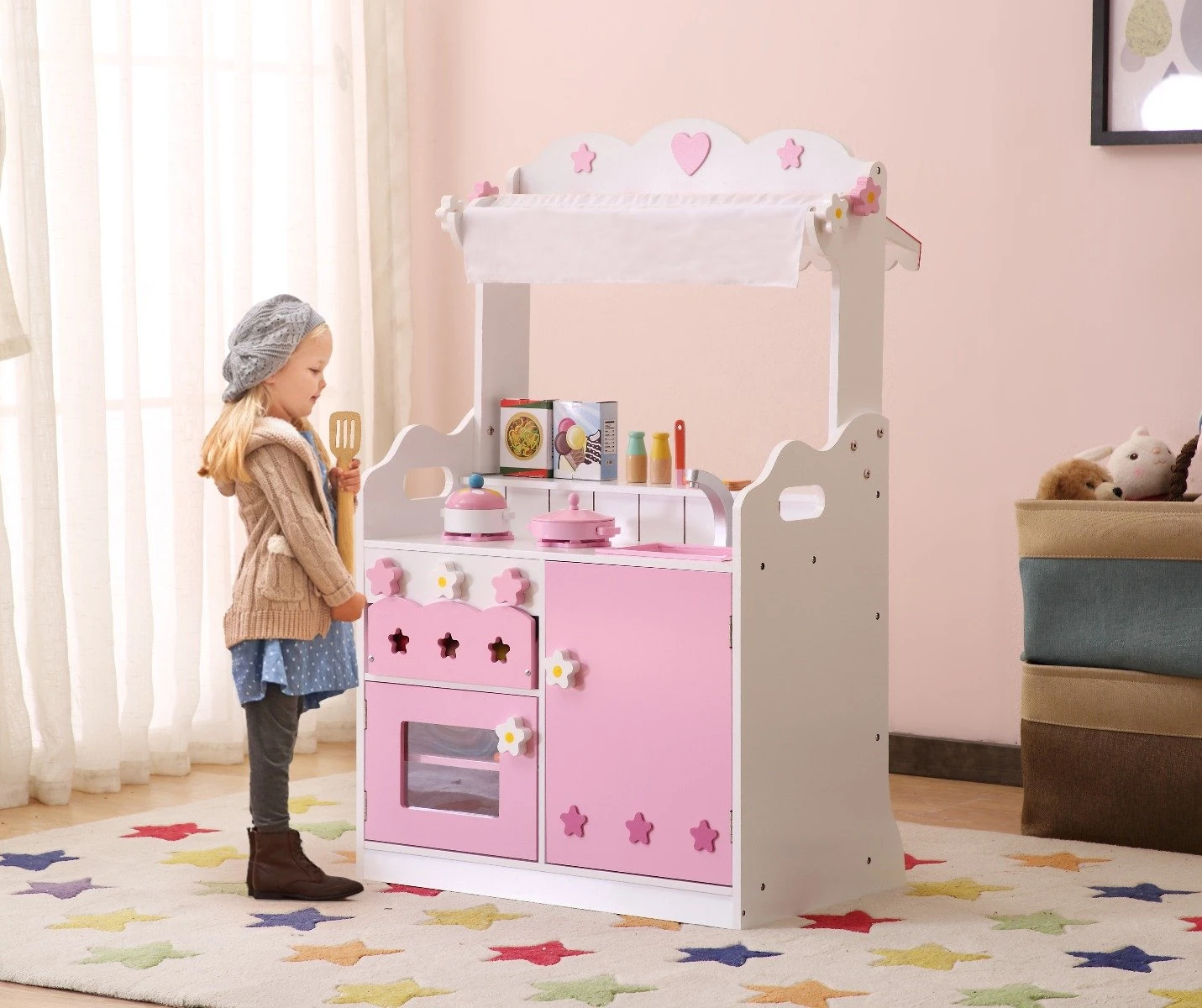 2 In 1 Pink Pretend Kitchen And Market Stal Pink Mdf