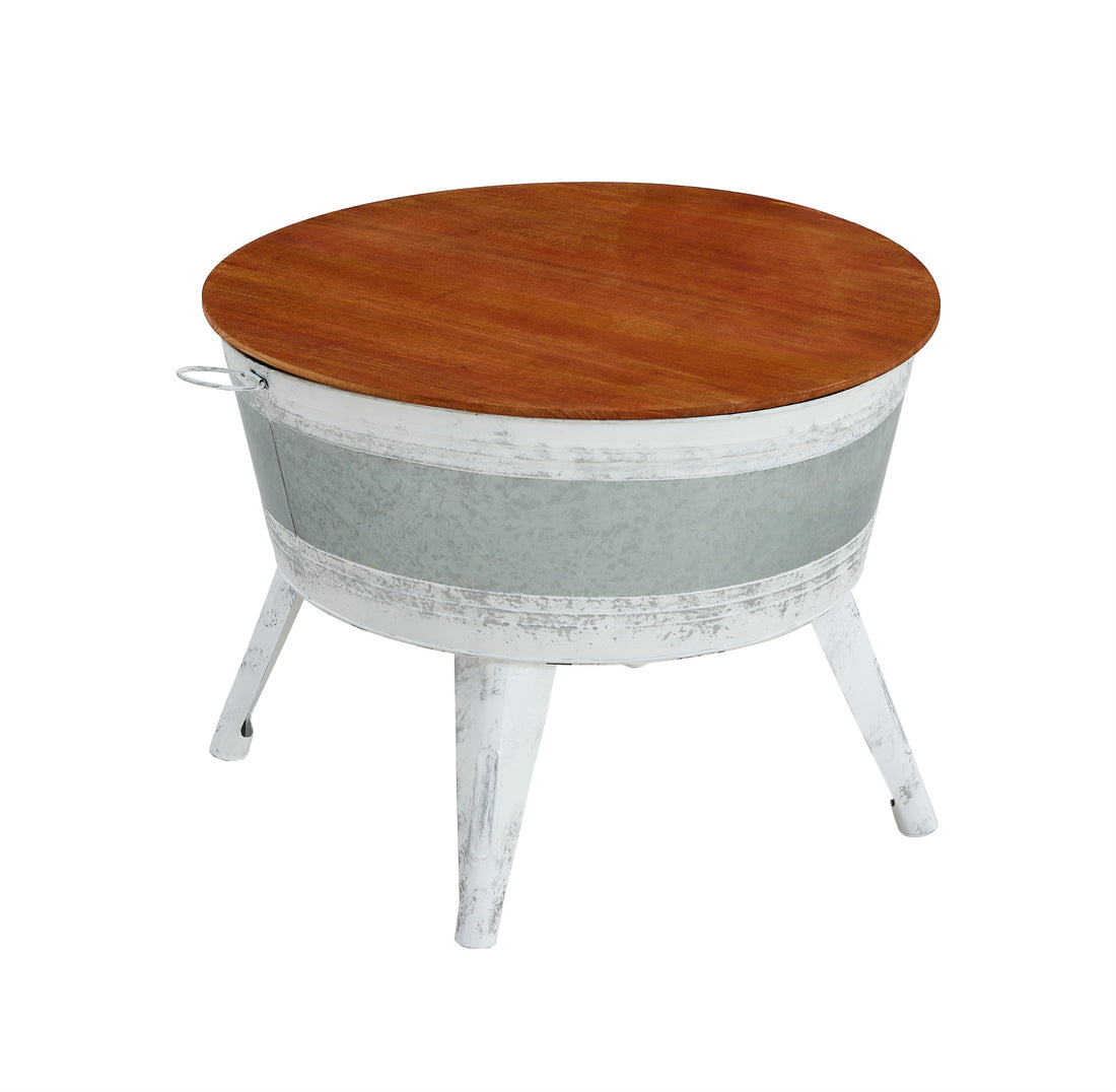 Farmhouse Rustic Distressed Metal Accent Cocktail Table, Wood Top Wht, 1Pc Antique White Steel