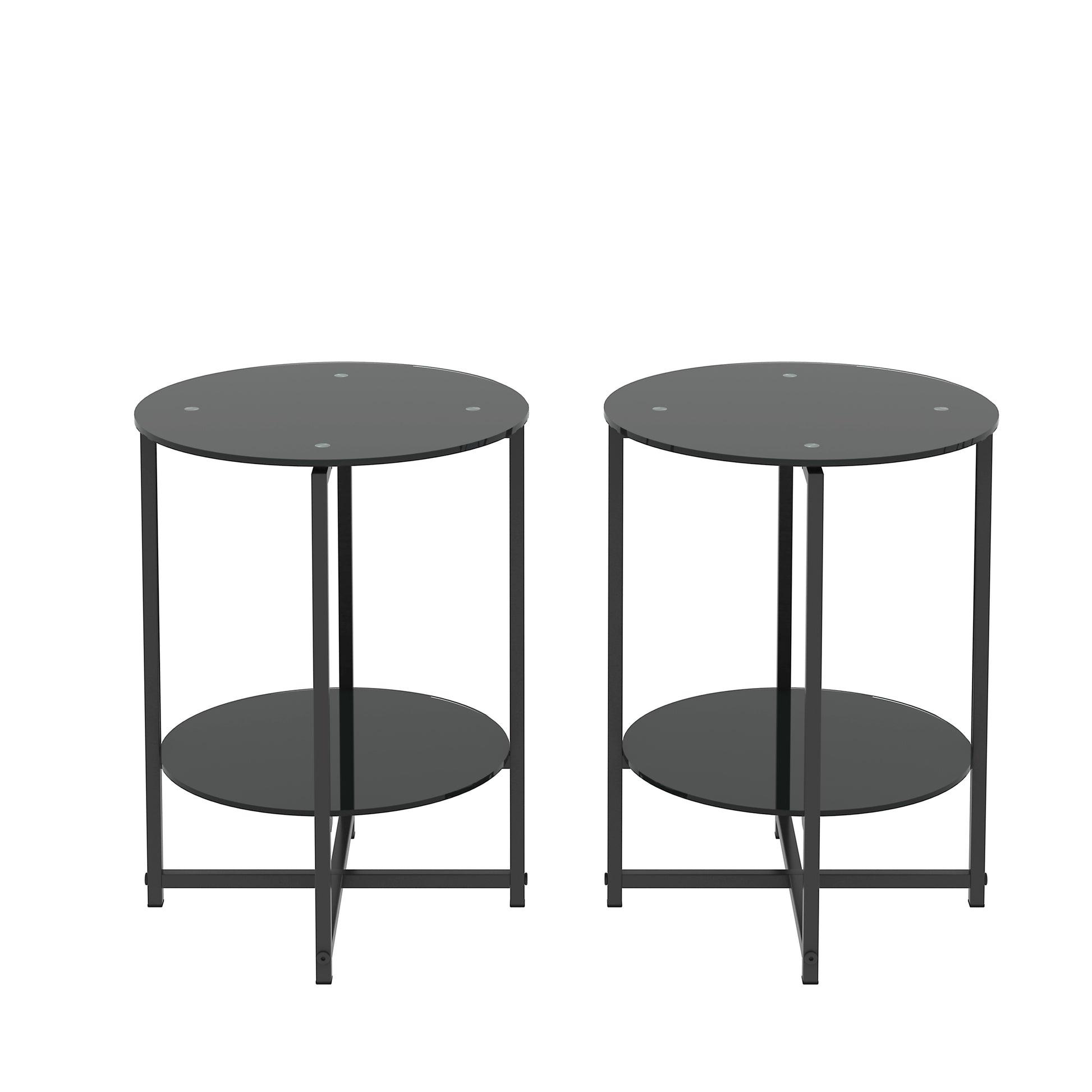 2 Piece Set Black Tempered Glass End Table, Round Coffee Table For Bedroom Living Room Office Black Glass