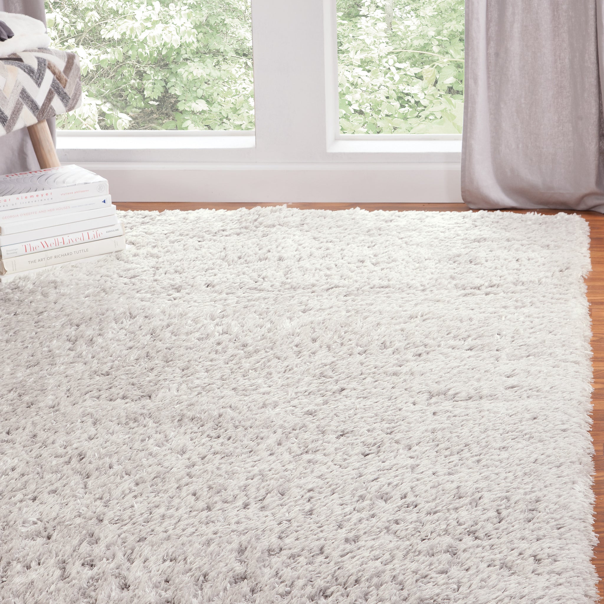 White Area Shag Rug 5X8 White Polyester