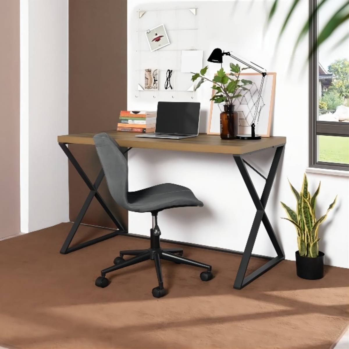 47.2" L Computer Desk, Console Desk OAK & BLACK oak-mdf-metal & wood