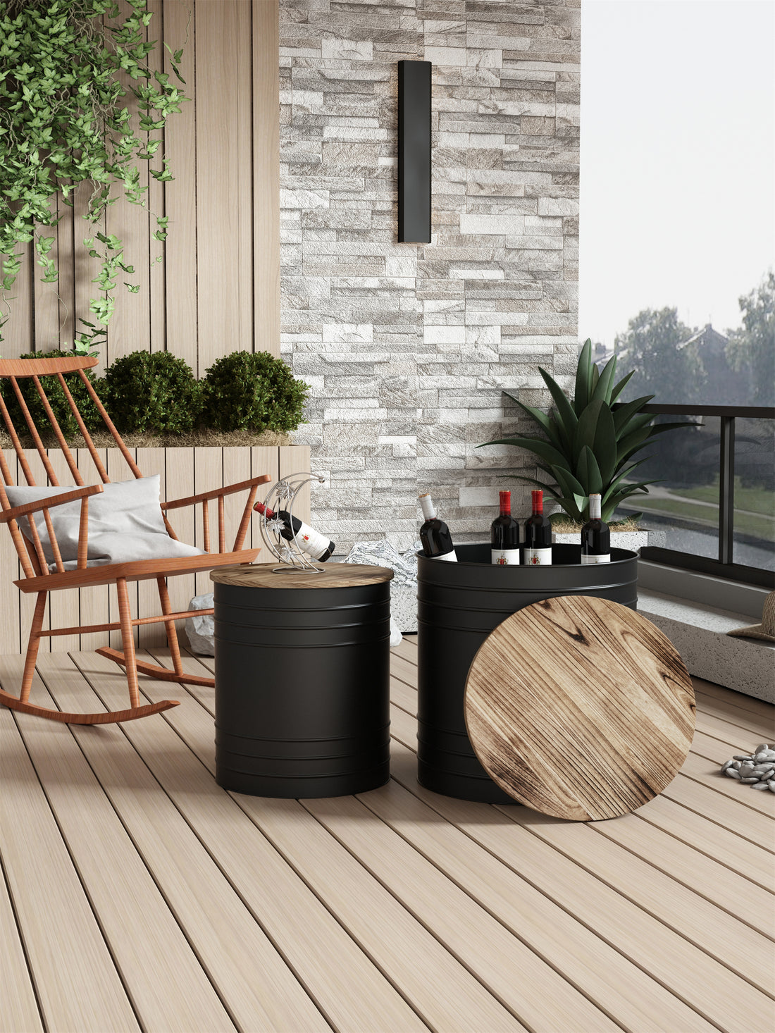 Farmhouse Rustic Distressed Metal Accent Cocktail Table With Wood Top Blk, Set Of 2 Black Steel