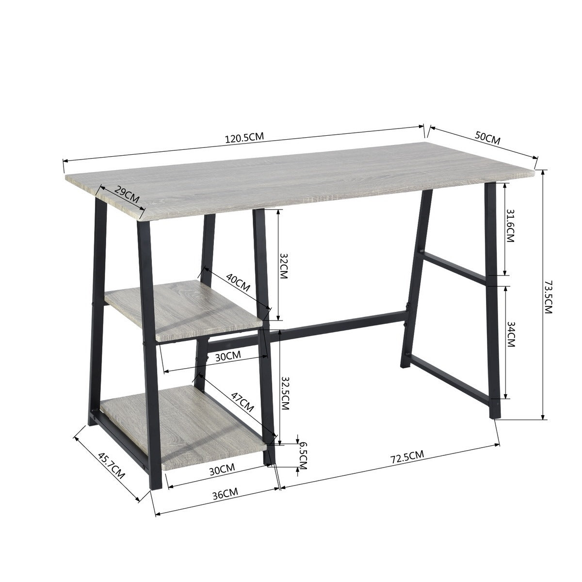 47.4"W X 19.7"D X 28.9"H Wooden Desk with 2 Storage grey-mdf-metal & wood