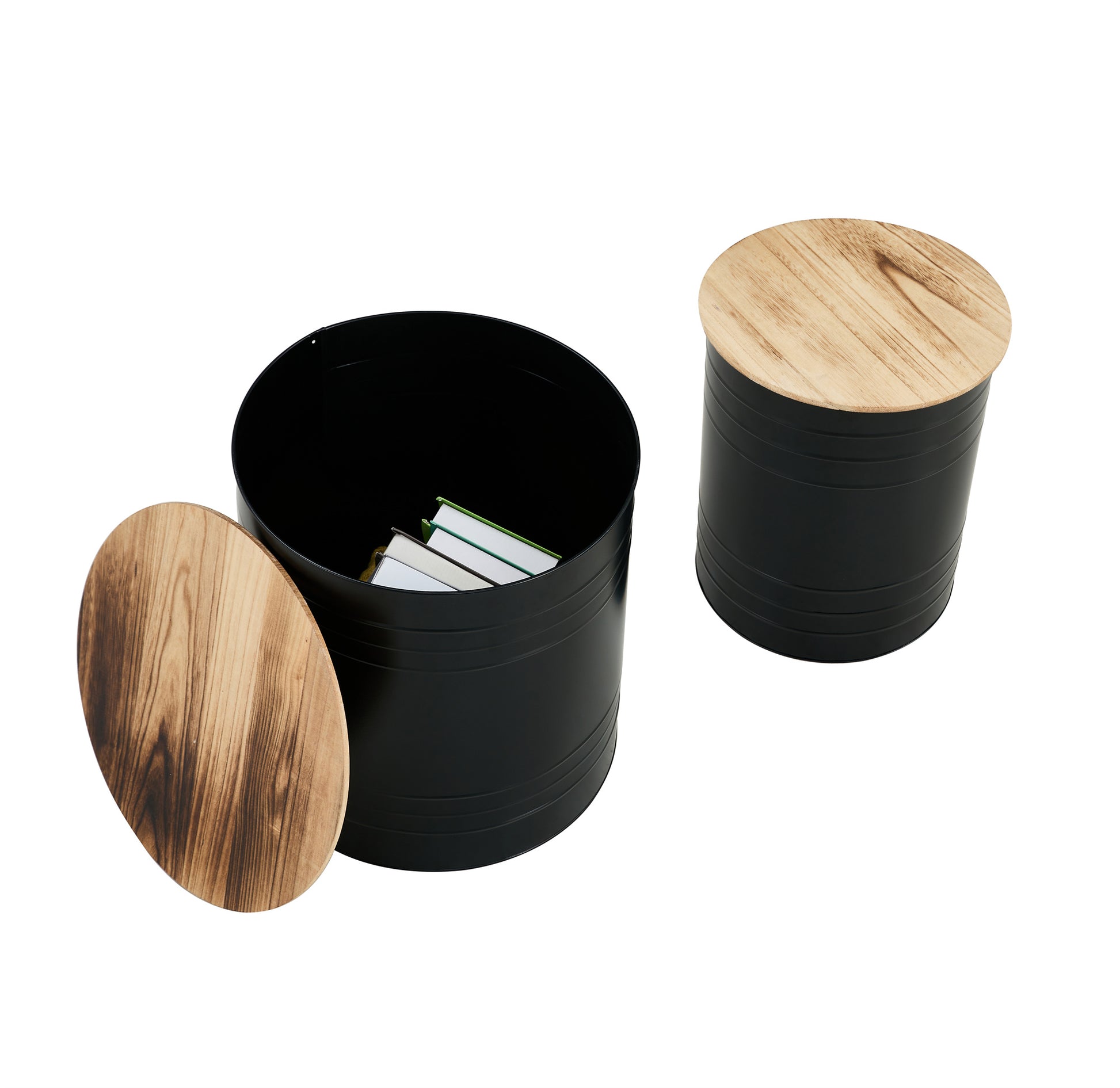 Farmhouse Rustic Distressed Metal Accent Cocktail Table With Wood Top Blk, Set Of 2 Black Steel