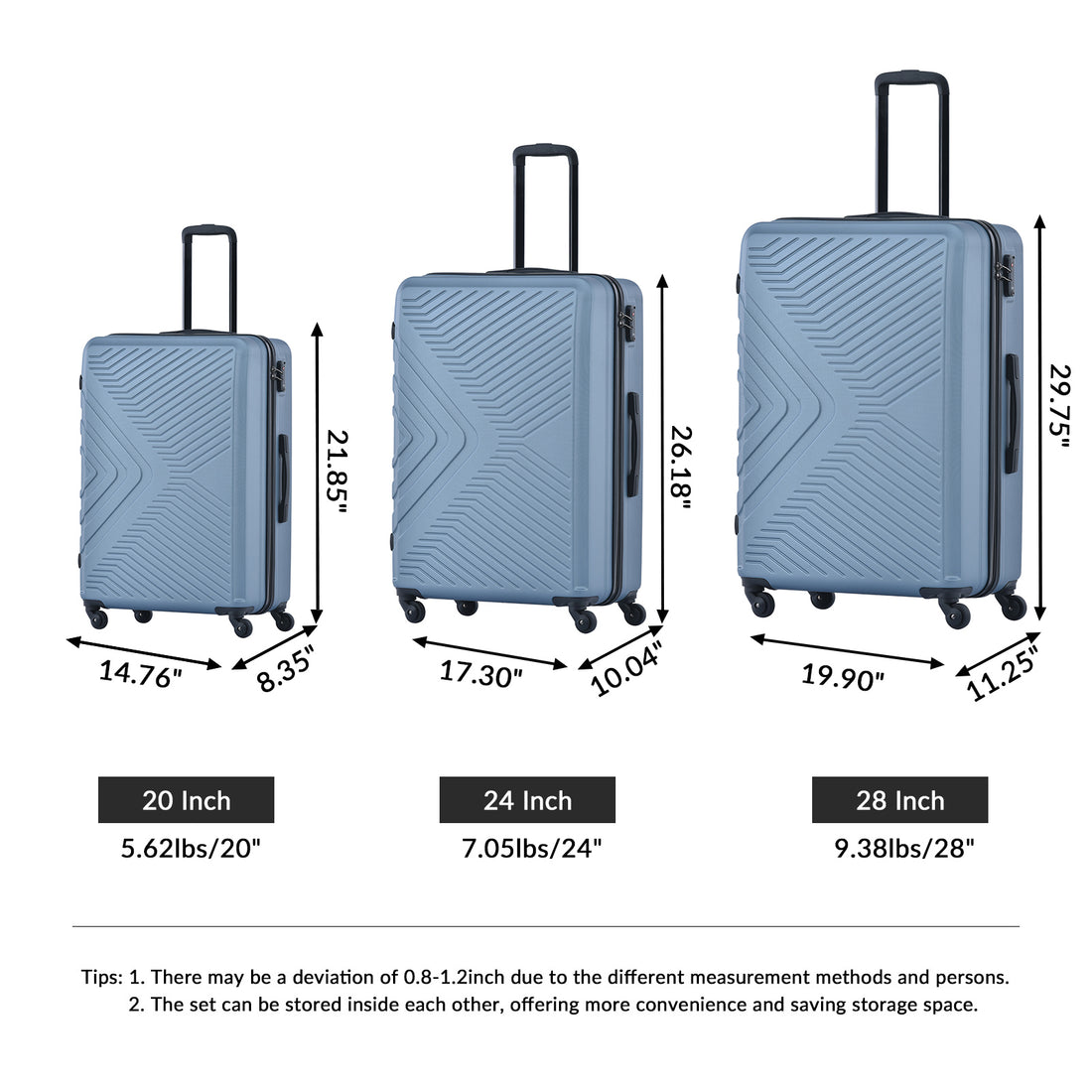 3 Piece Luggage Sets Abs Lightweight Suitcase With Two Hooks, Spinner Wheels, Tsa Lock, 20 24 28 Blue Blue Abs