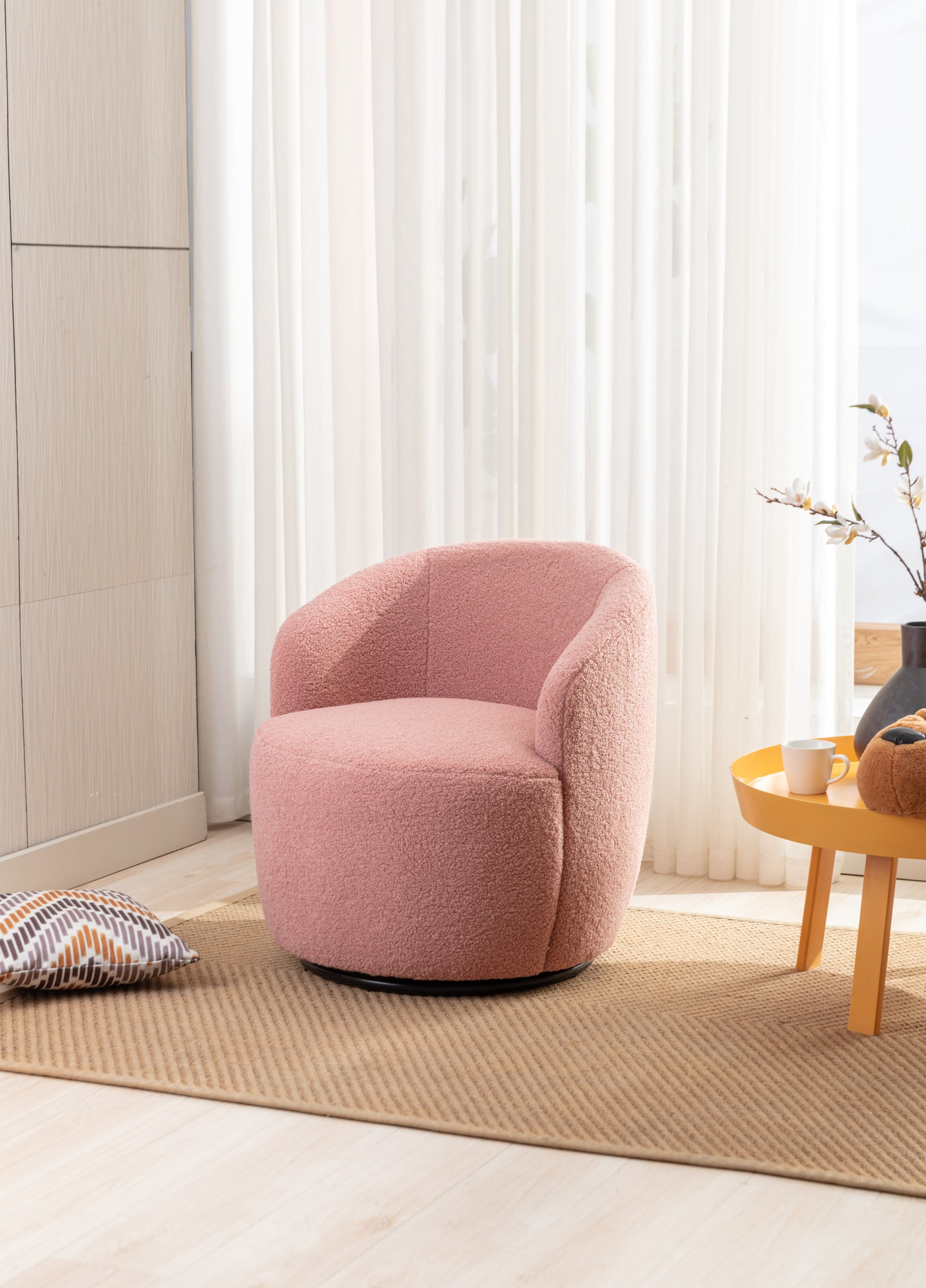 Teddy Fabric Swivel Accent Armchair Barrel Chair With Black Powder Coating Metal Ring,Light Pink Light Pink,Light Pink Foam,Foam Wool,Wool