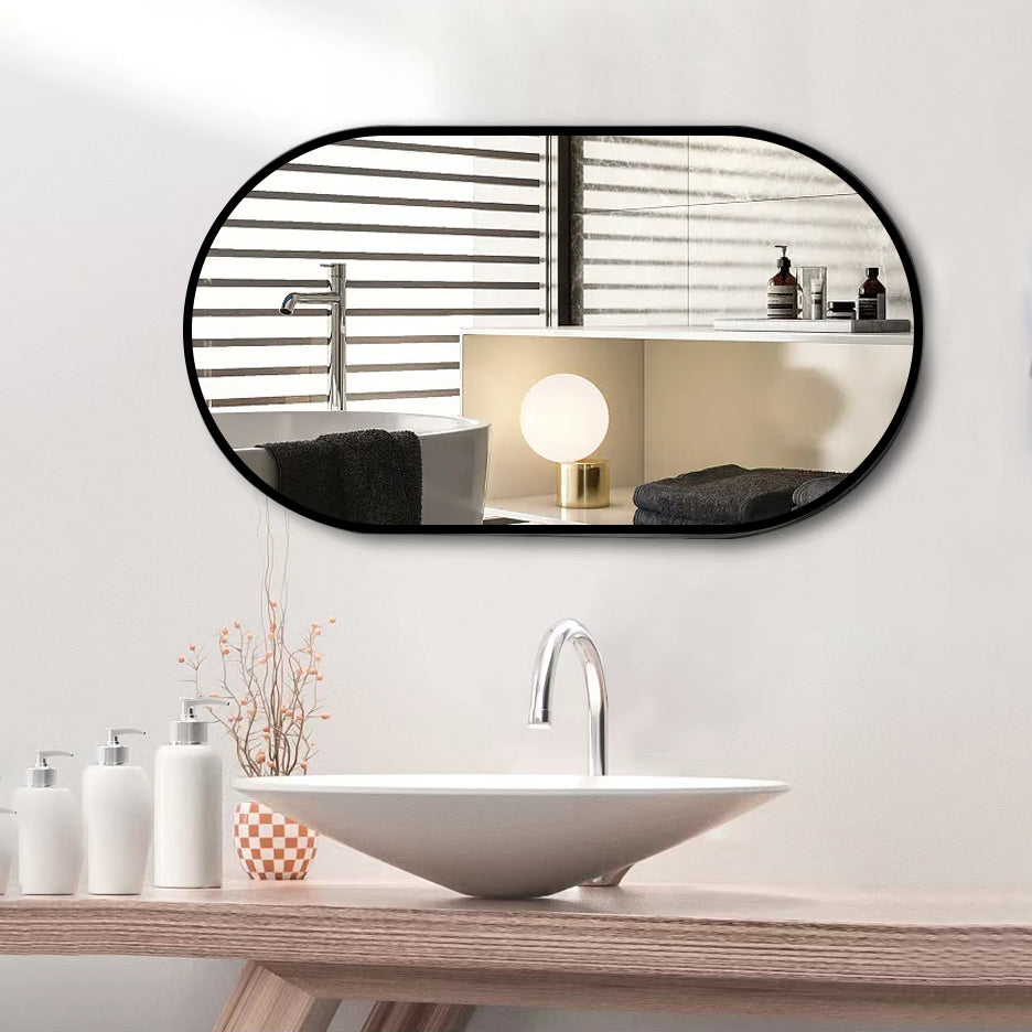 Wall Mounted Mirror 36"X18" Oval Bathroom Mirror Black Vanity Wall Mirror Pre Set Hooks For Vertical Or Horizontal Hang Ideal For Bedroom,Bathroom Black Modern Aluminium