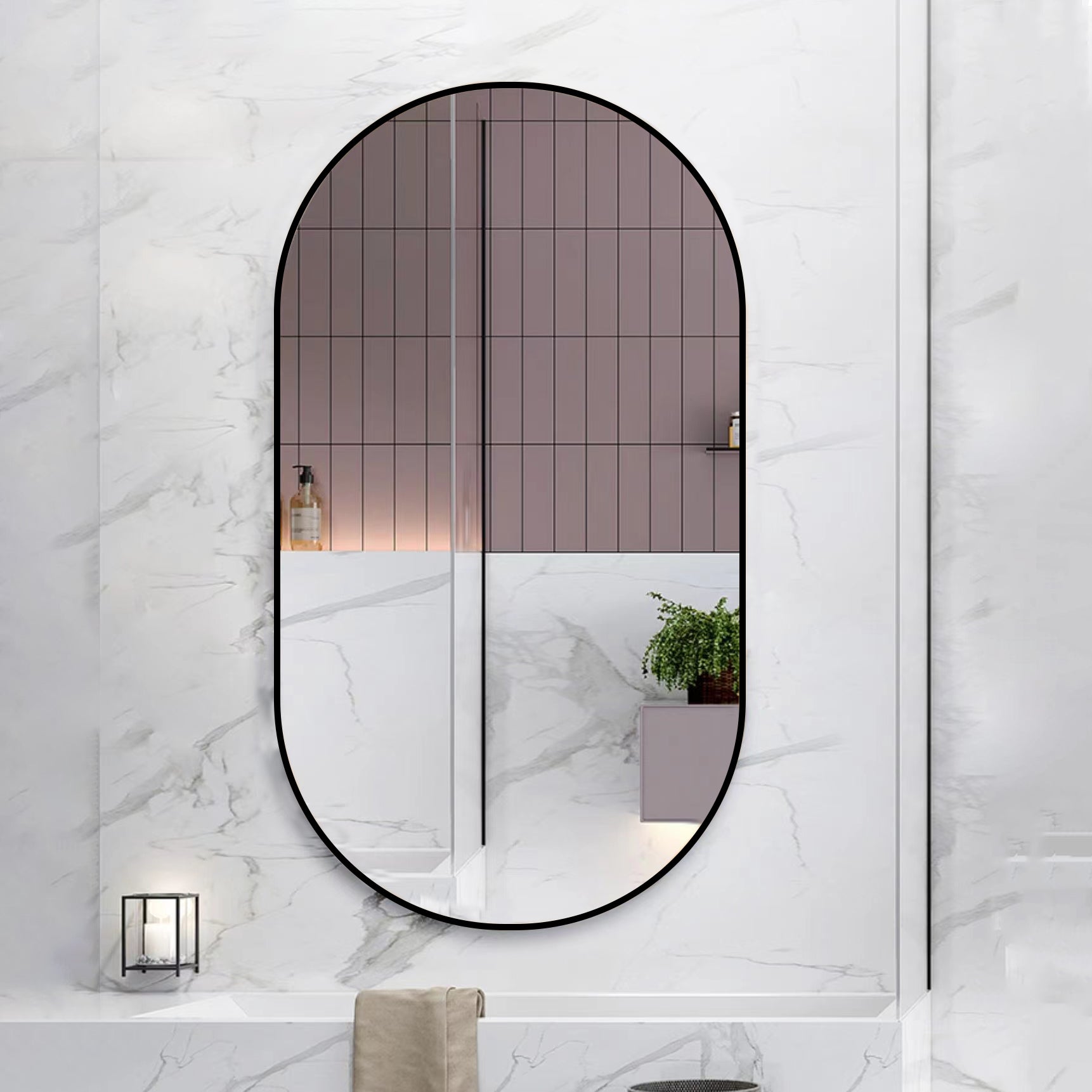 Wall Mounted Mirror 36"X18" Oval Bathroom Mirror Black Vanity Wall Mirror Pre Set Hooks For Vertical Or Horizontal Hang Ideal For Bedroom,Bathroom Black Modern Aluminium