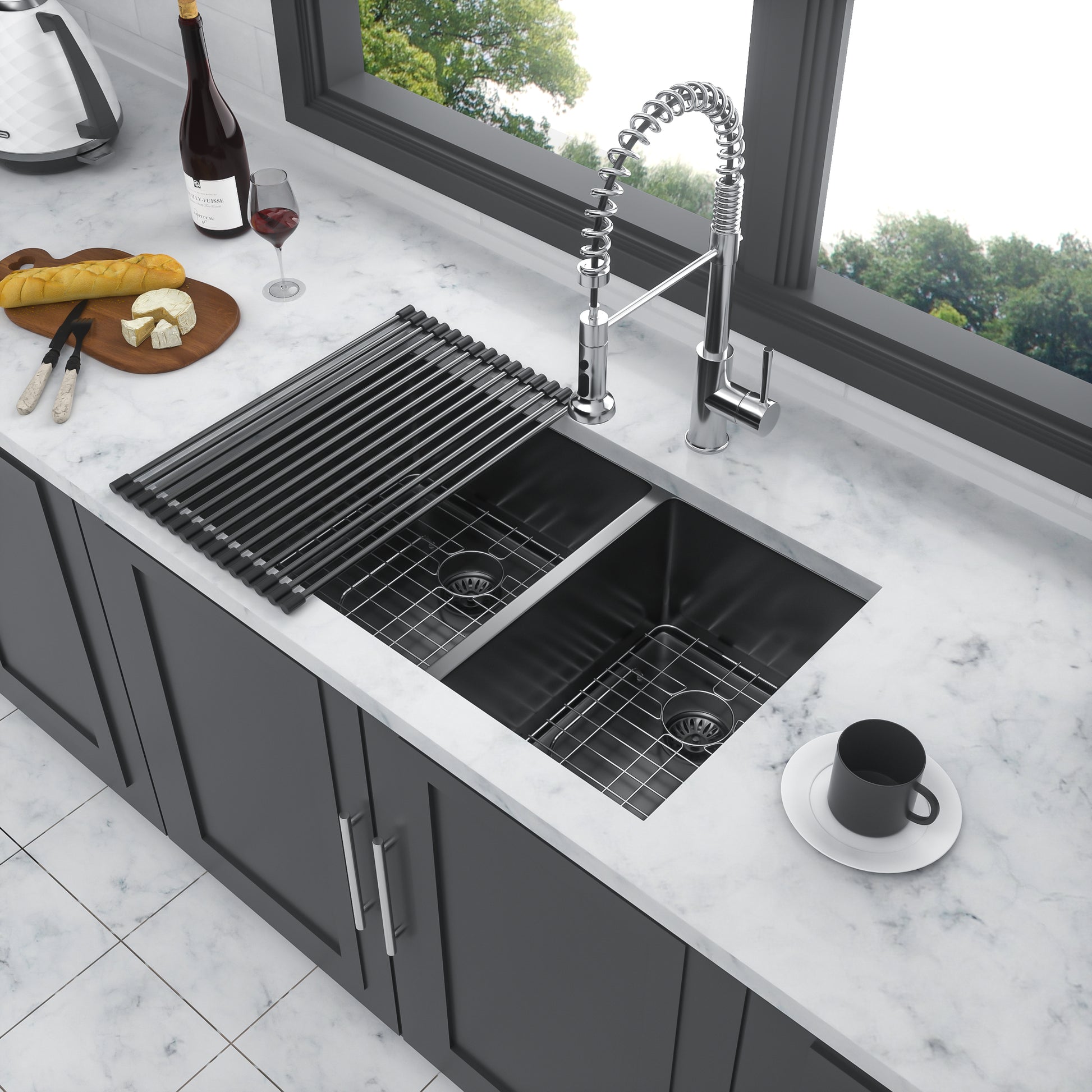 Double Bowl 60 40 Undermount Sink 33"X19" Gunmetal Black Double Bowl Kitchen Sink 16 Gauge With Two 10" Deep Basin Gunmetal Black Stainless Steel