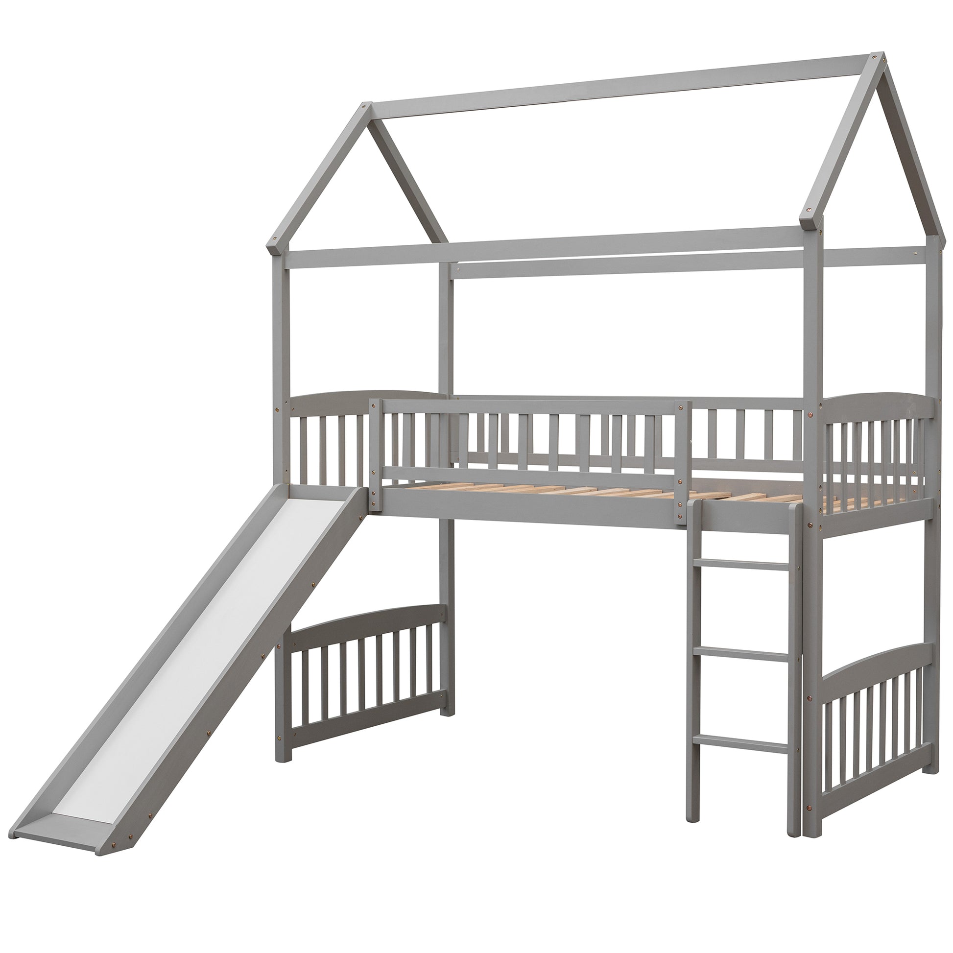 Twin Loft Bed With Slide, House Bed With Slide,White Old Sku :Lt000212Aae Gray Solid Wood