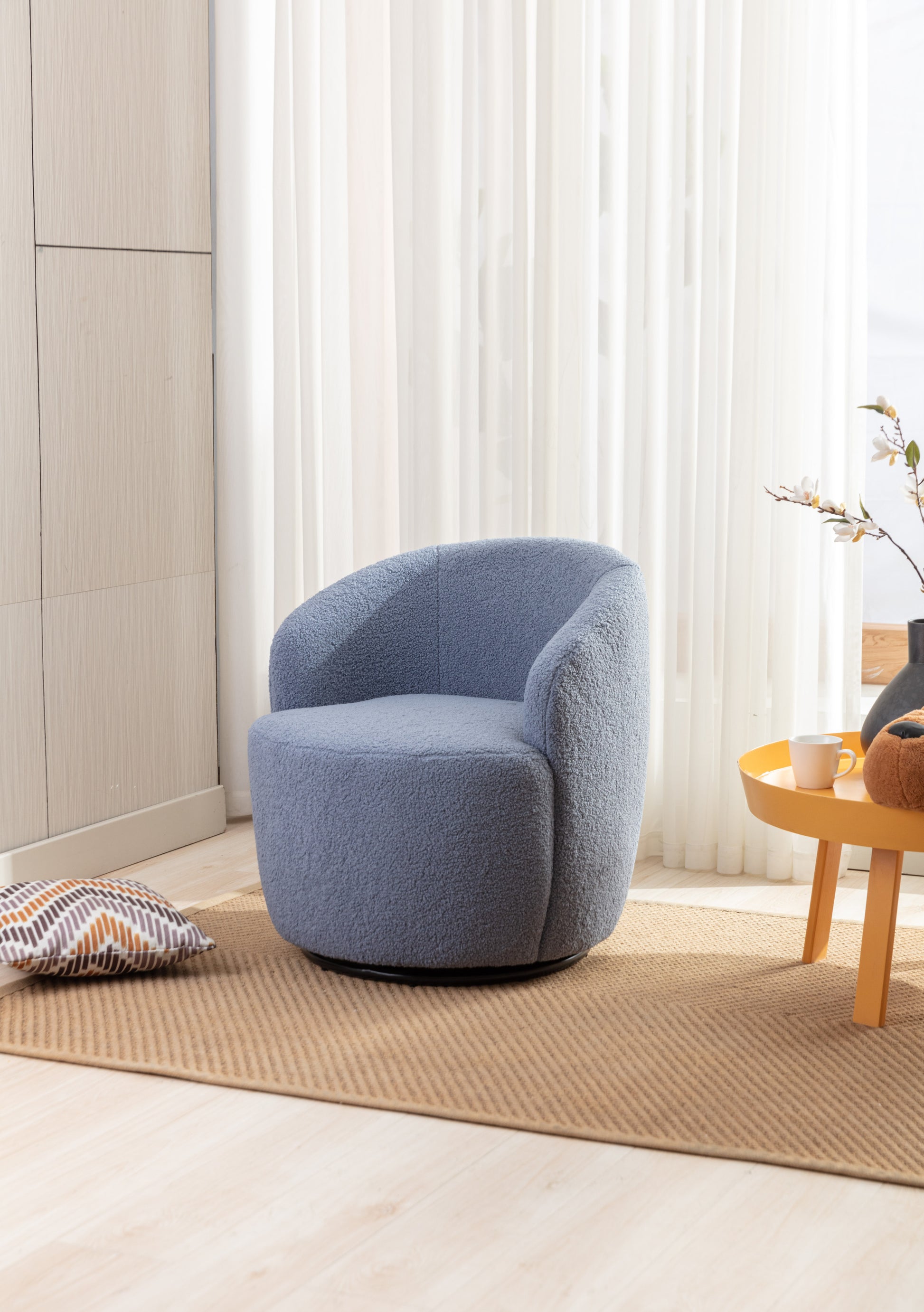 Teddy Fabric Swivel Accent Armchair Barrel Chair With Black Powder Coating Metal Ring,Light Blue Light Blue Foam Wool