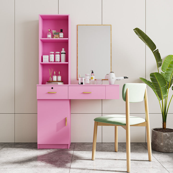 Pink Modern Simple Hair Desk, Multi Layer Storage Space Pink Mdf