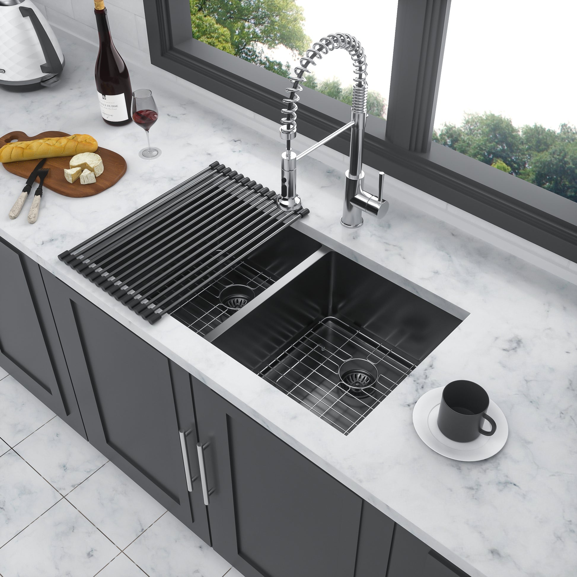 Double Bowl 50 50 Undermount Sink 33"X19" Gunmetal Black Double Bowl Kitchen Sink 16 Gauge With Two 10" Deep Basin Gunmetal Black Stainless Steel