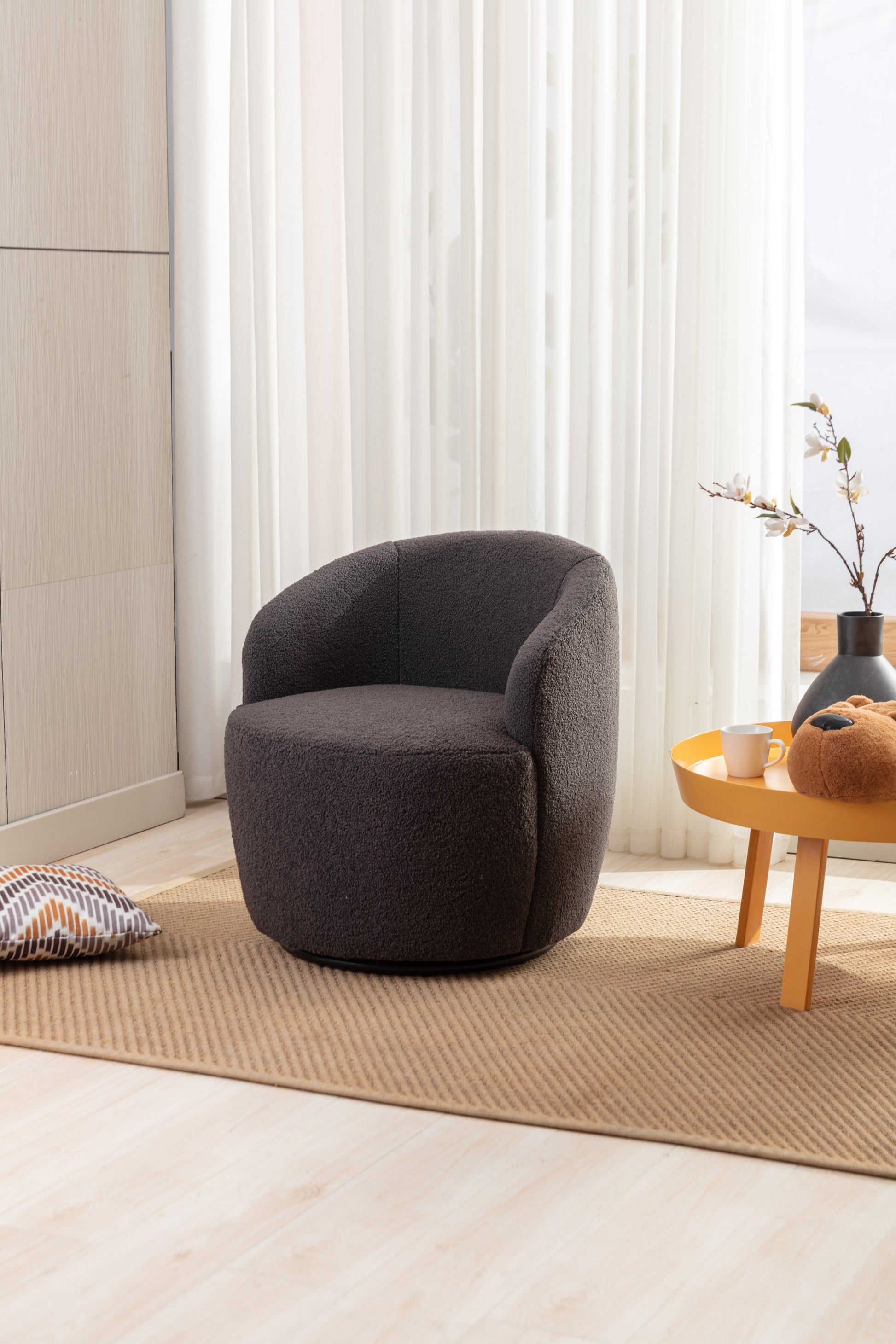 Teddy Fabric Swivel Accent Armchair Barrel Chair With Black Powder Coating Metal Ring,Dark Gray Dark Gray Foam Wool