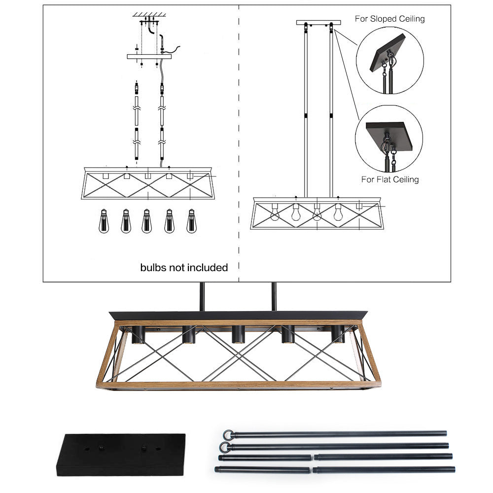 Farmhouse Chandeliers With 5 Bulbs For Dining Room Walnut Walnut Ceiling Lights Traditional Iron,Wood