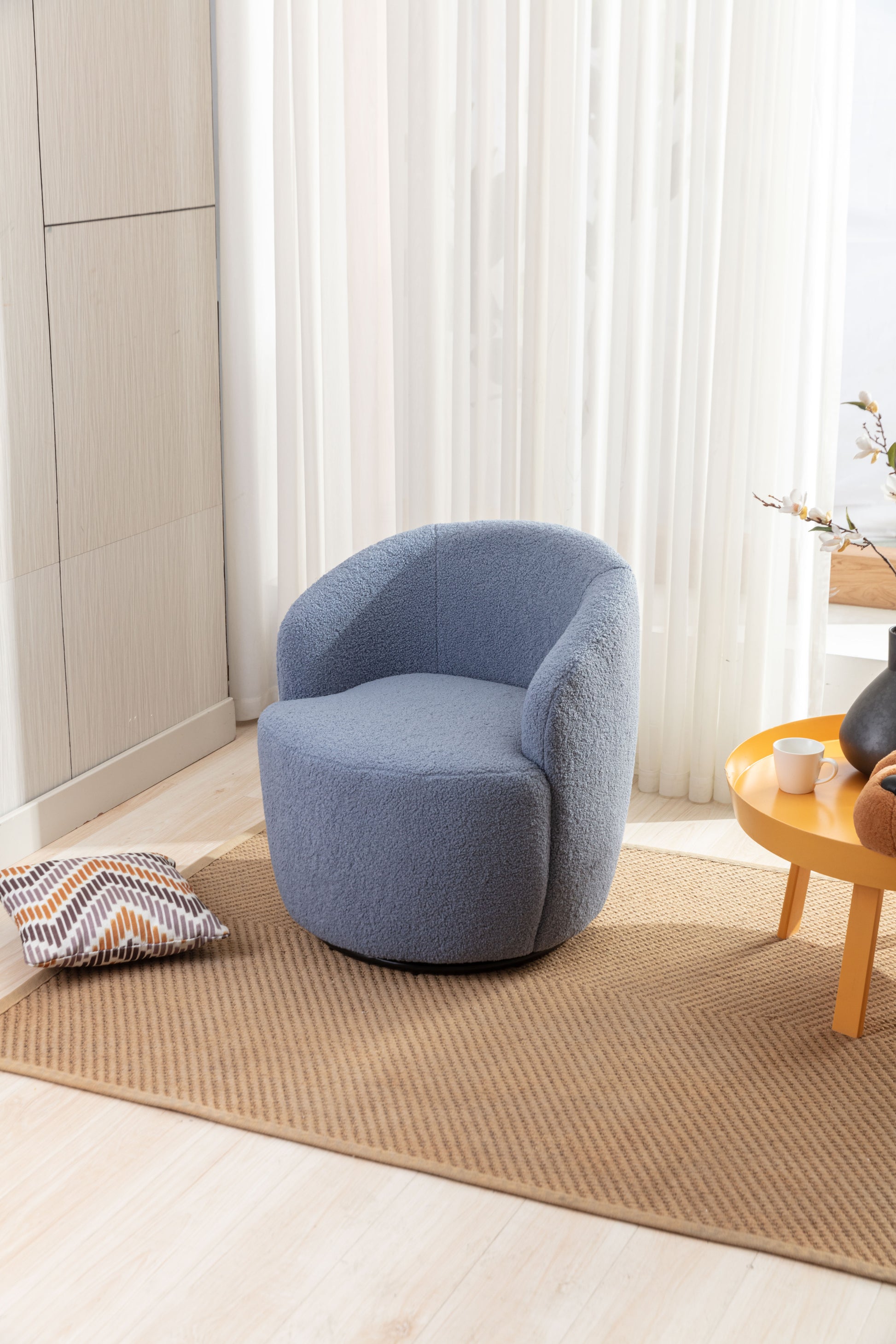 Teddy Fabric Swivel Accent Armchair Barrel Chair With Black Powder Coating Metal Ring,Light Blue Light Blue Foam Wool