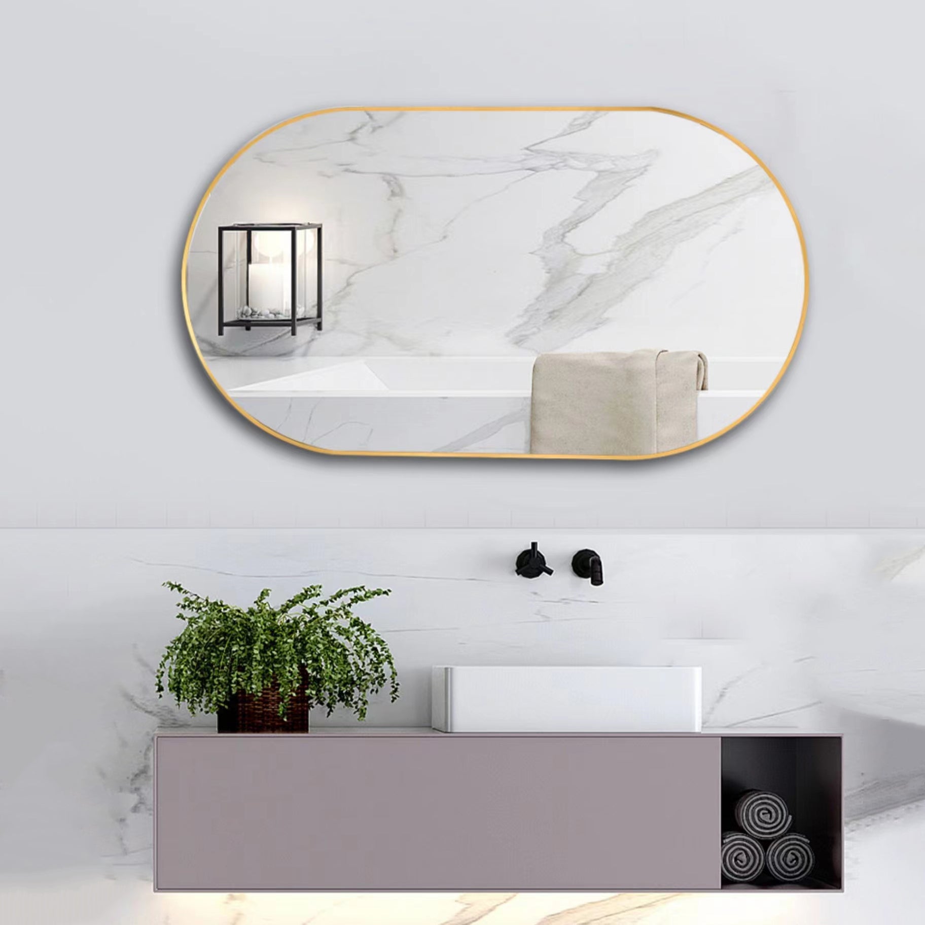 Wall Mounted Mirror, 36"X18" Oval Bathroom Mirror, Gold Vanity Wall Mirror Pre Set Hooks For Vertical & Horizontal Hang, Ideal For Bedroom, Bathroom Gold Modern Aluminium