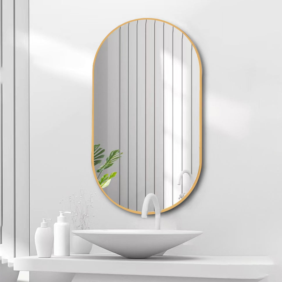 Wall Mounted Mirror, 36"X18" Oval Bathroom Mirror, Gold Vanity Wall Mirror Pre Set Hooks For Vertical & Horizontal Hang, Ideal For Bedroom, Bathroom Gold Modern Aluminium