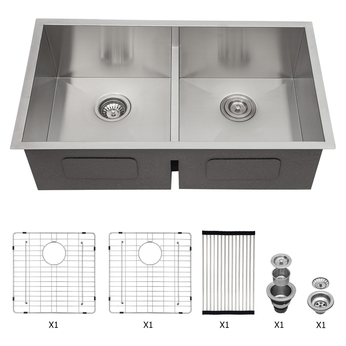 Double Bowl 50 50 Undermount Sink 33"X19" Double Bowl Kitchen Sink 16 Gauge With Two 10" Deep Basin Brushed Nickel Stainless Steel