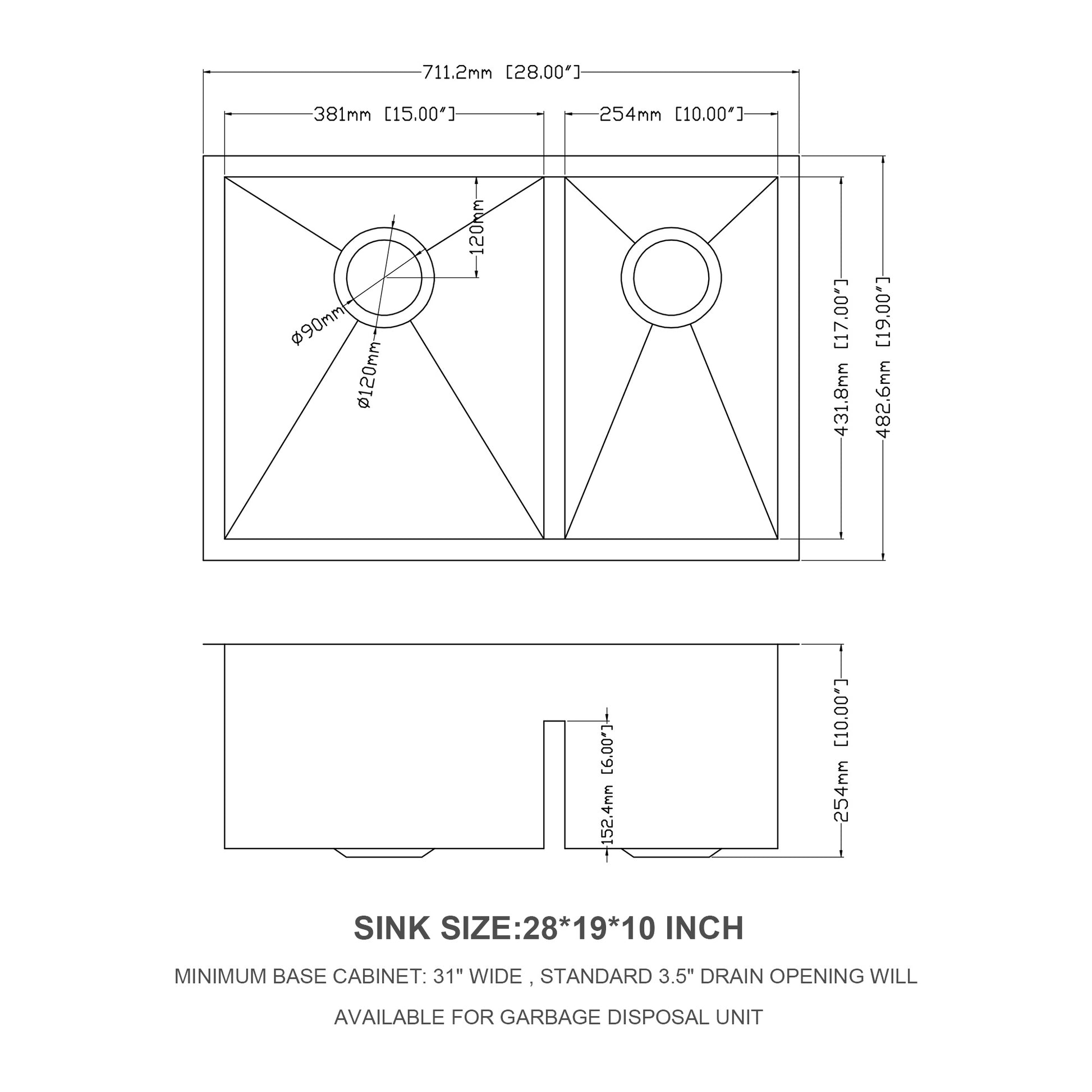 Double Bowl 60 40 Undermount Sink 28"X19" Double Bowl Kitchen Sink 16 Gauge With Two 10" Deep Basin Brushed Nickel Stainless Steel